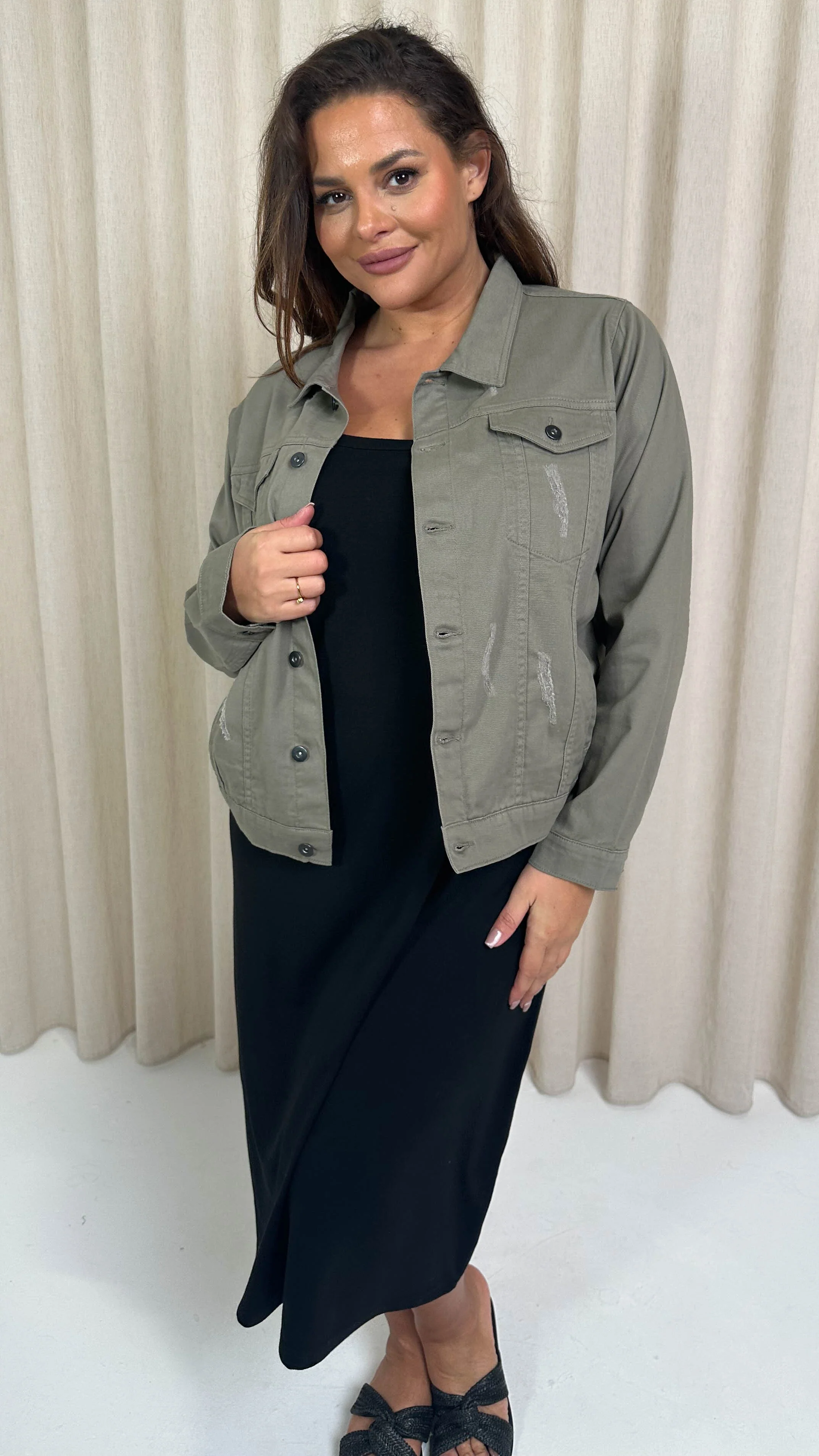 CurveWow Distressed Denim Jacket Khaki - Image 5