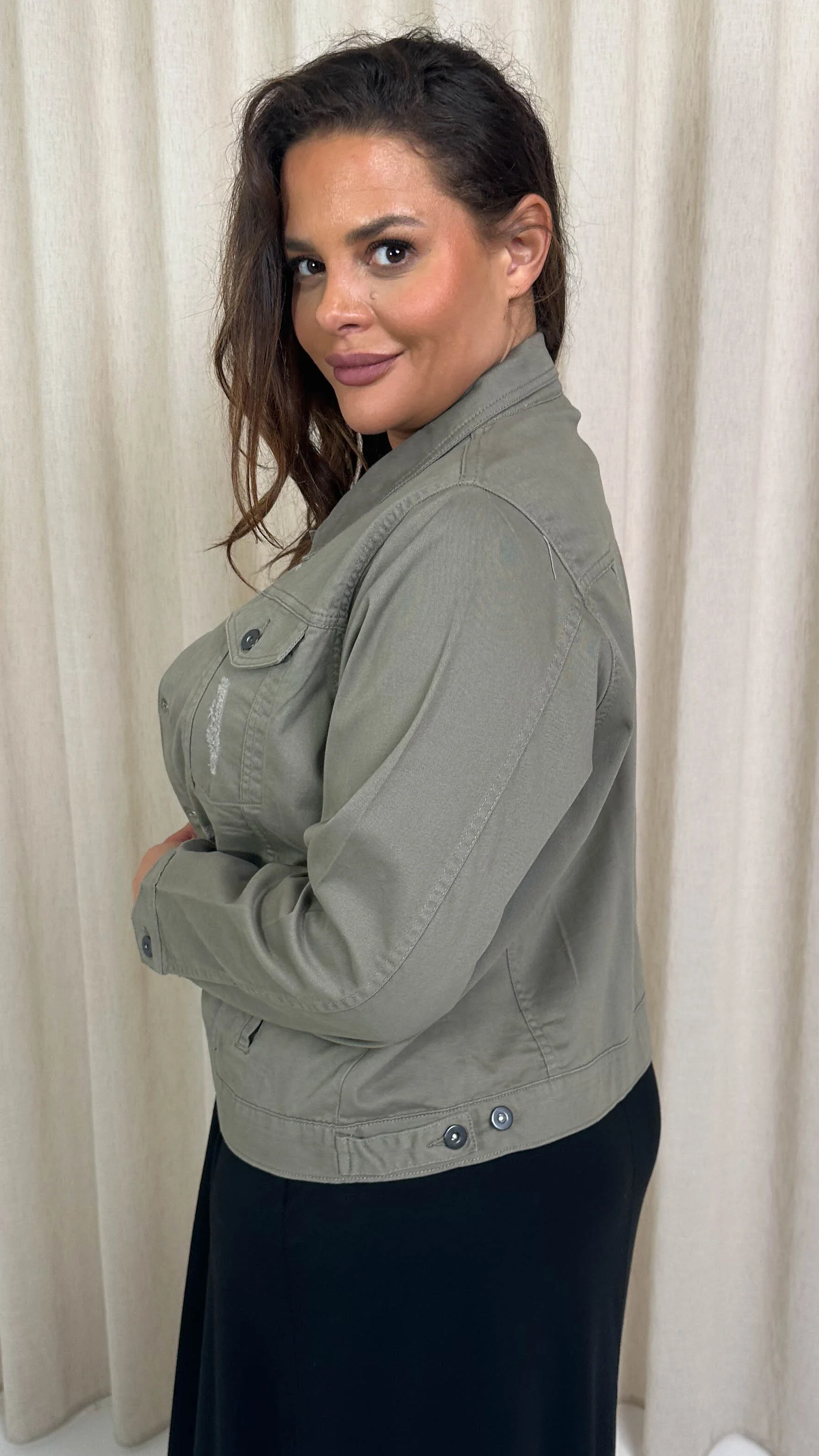 CurveWow Distressed Denim Jacket Khaki - Image 6