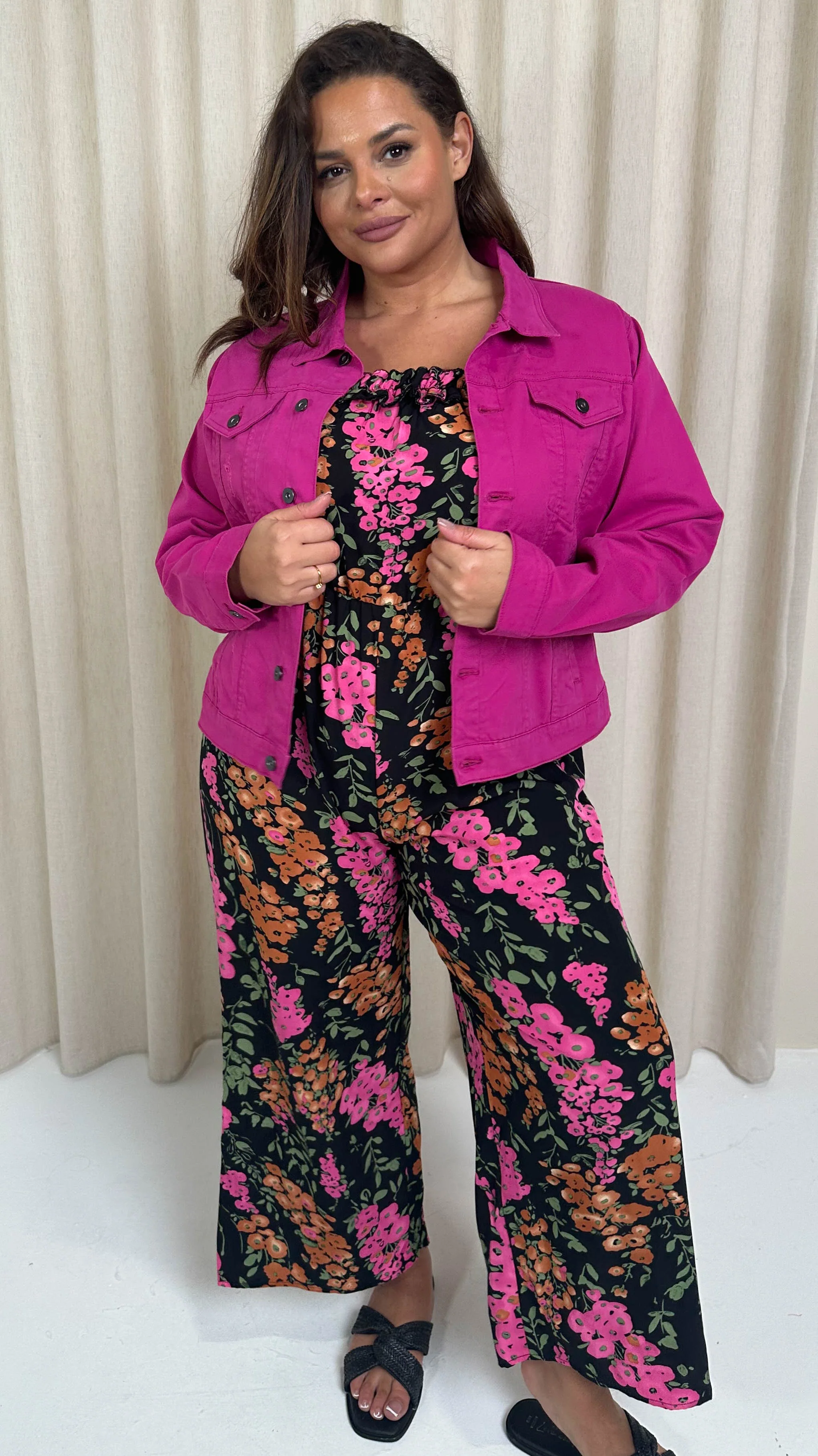 CurveWow Distressed Denim Jacket Magenta Pink - Image 6