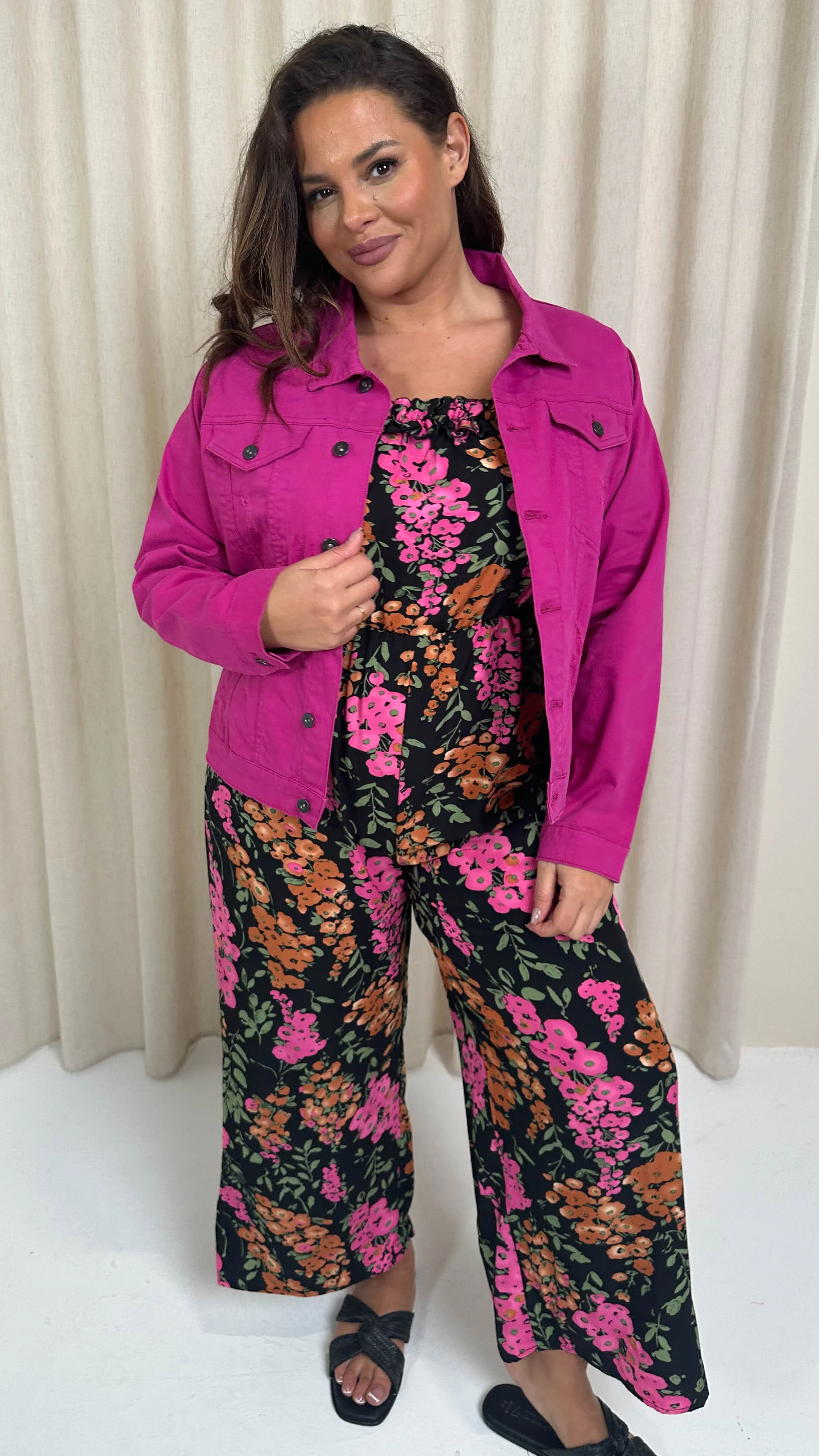 CurveWow Distressed Denim Jacket Magenta Pink - Image 7