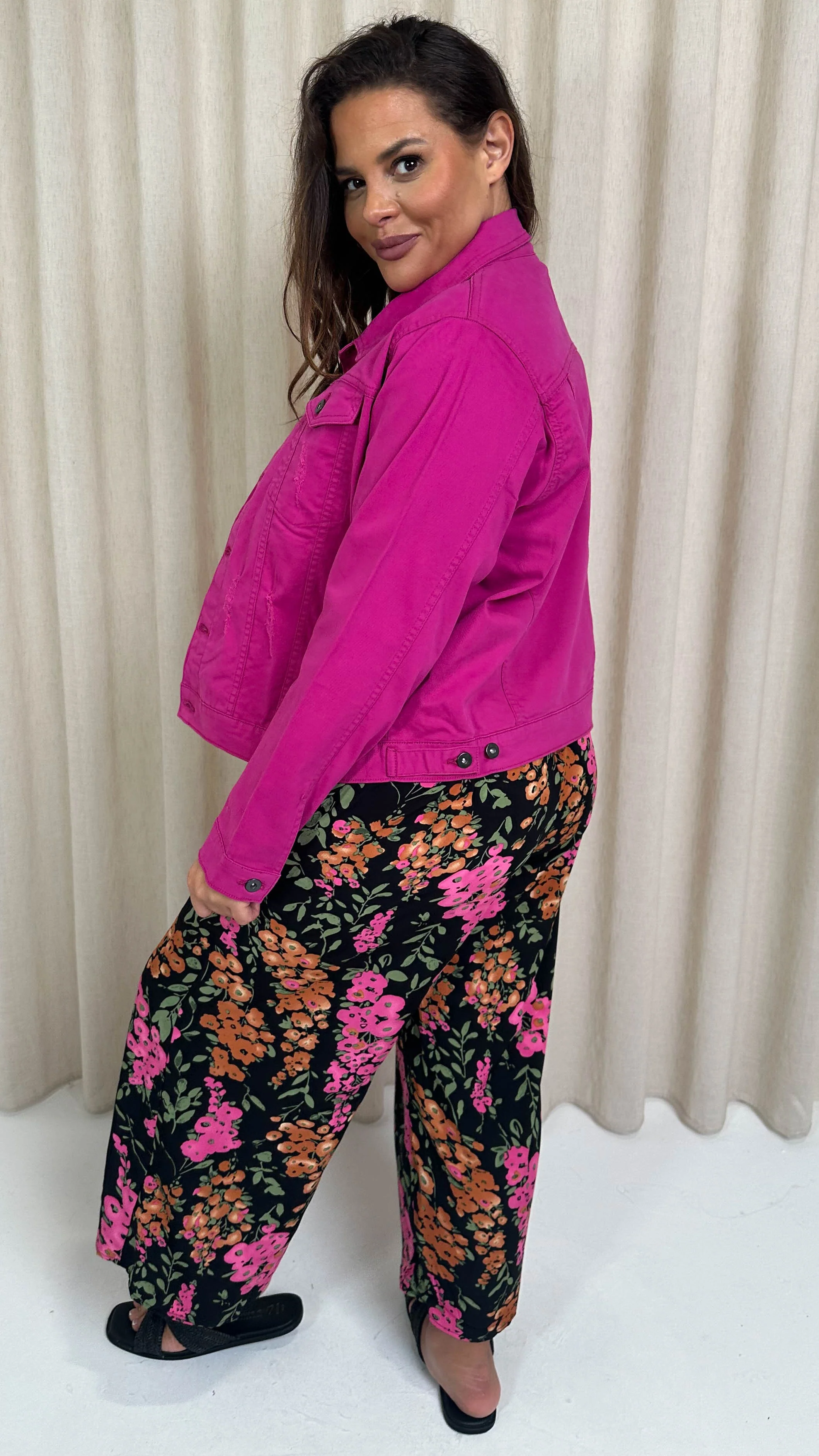 CurveWow Distressed Denim Jacket Magenta Pink - Image 8