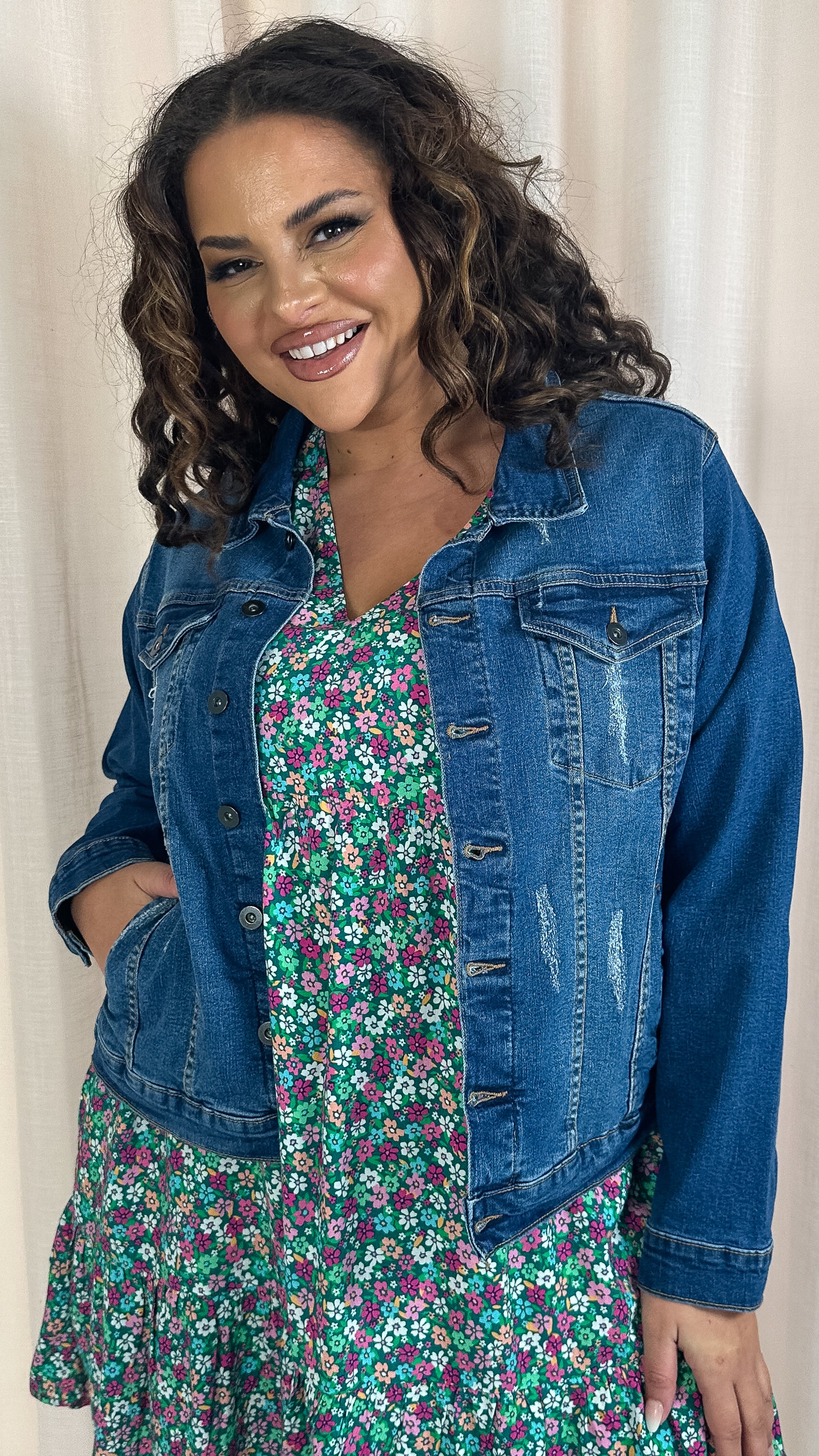CurveWow Distressed Denim Jacket Midwash - Image 6