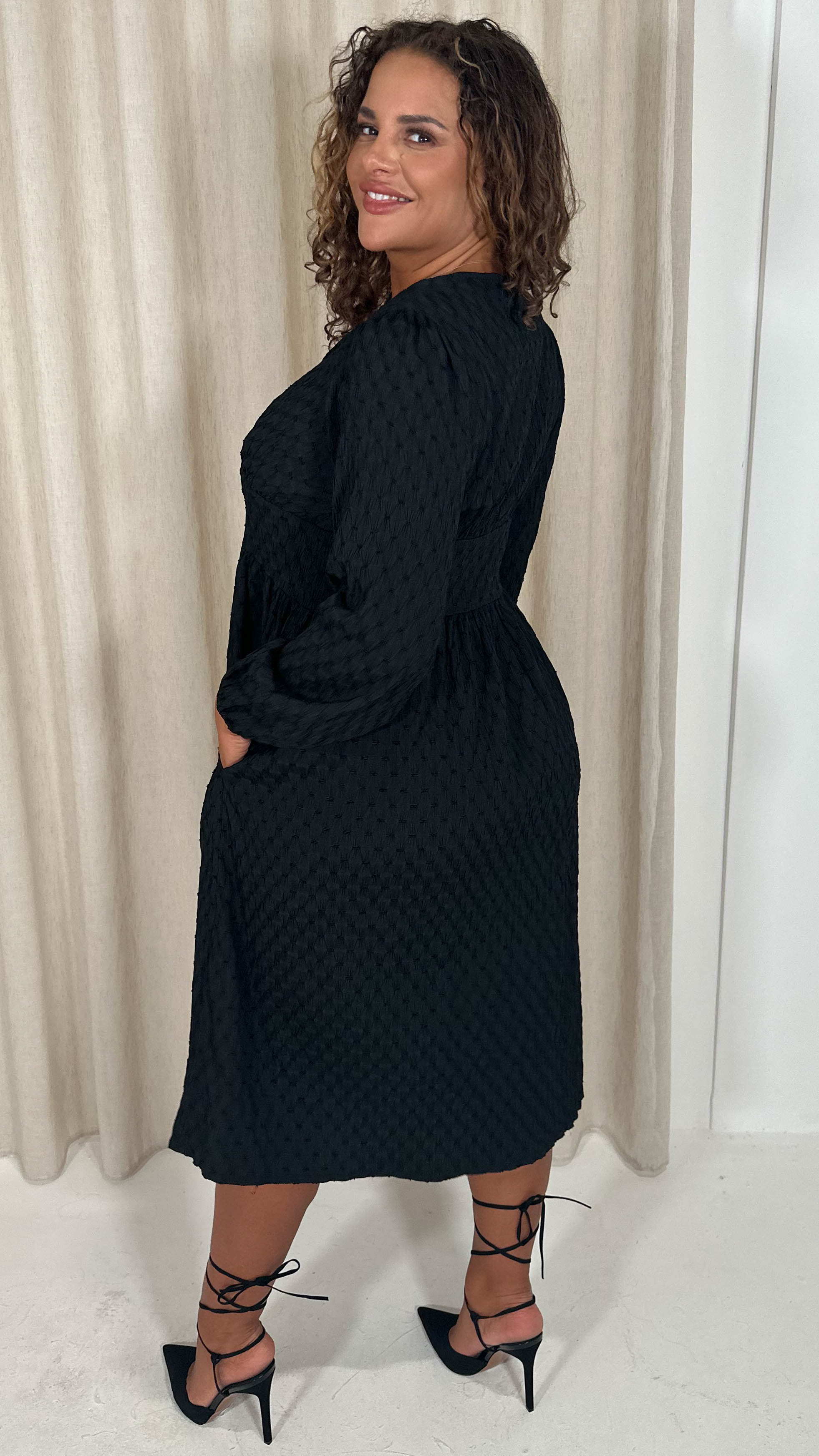 CurveWow Dobby Textured Button Front Midi Dress Black - Image 3