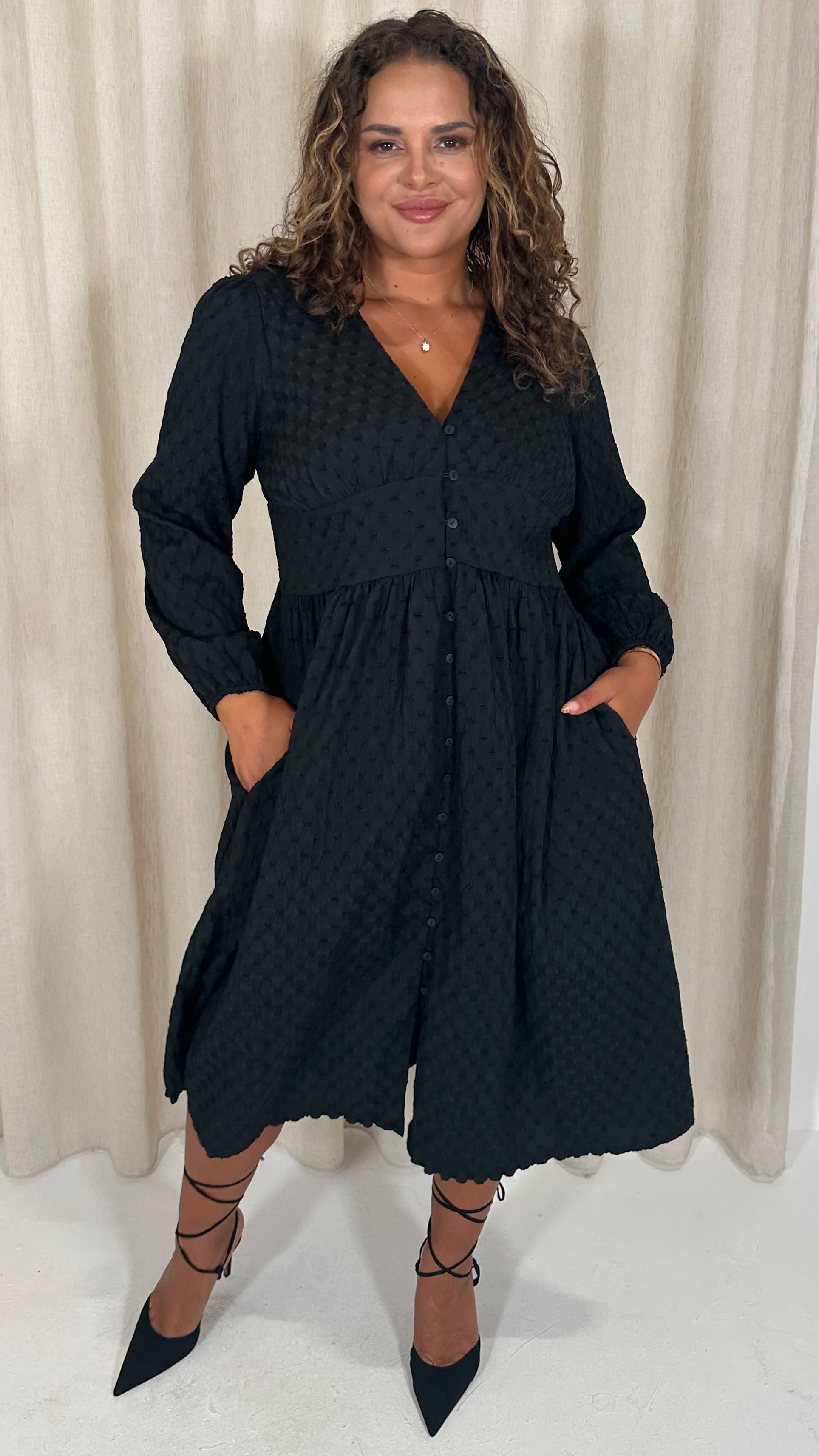 CurveWow Dobby Textured Button Front Midi Dress Black - Image 4