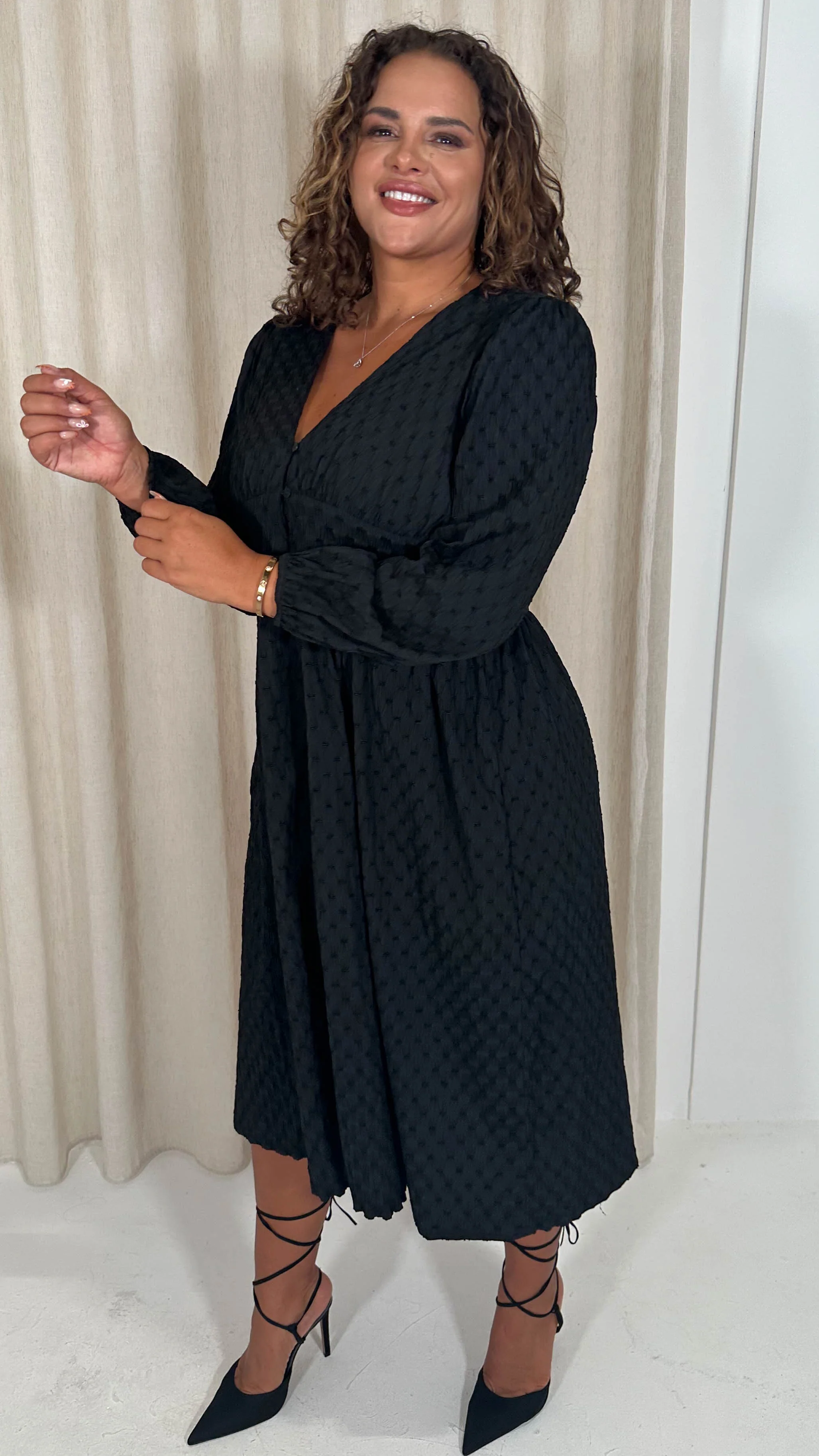 CurveWow Dobby Textured Button Front Midi Dress Black - Image 5