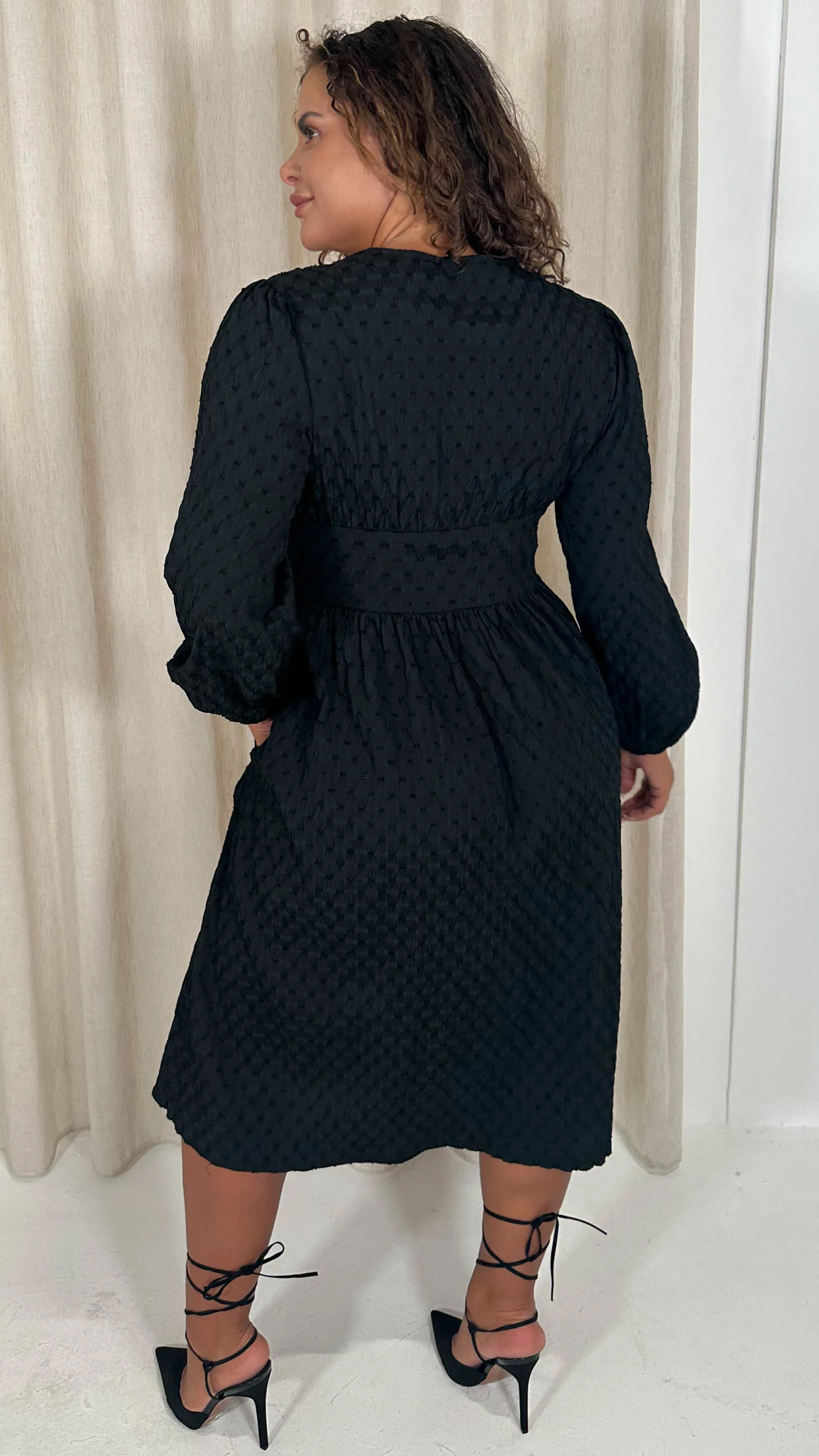 CurveWow Dobby Textured Button Front Midi Dress Black - Image 6