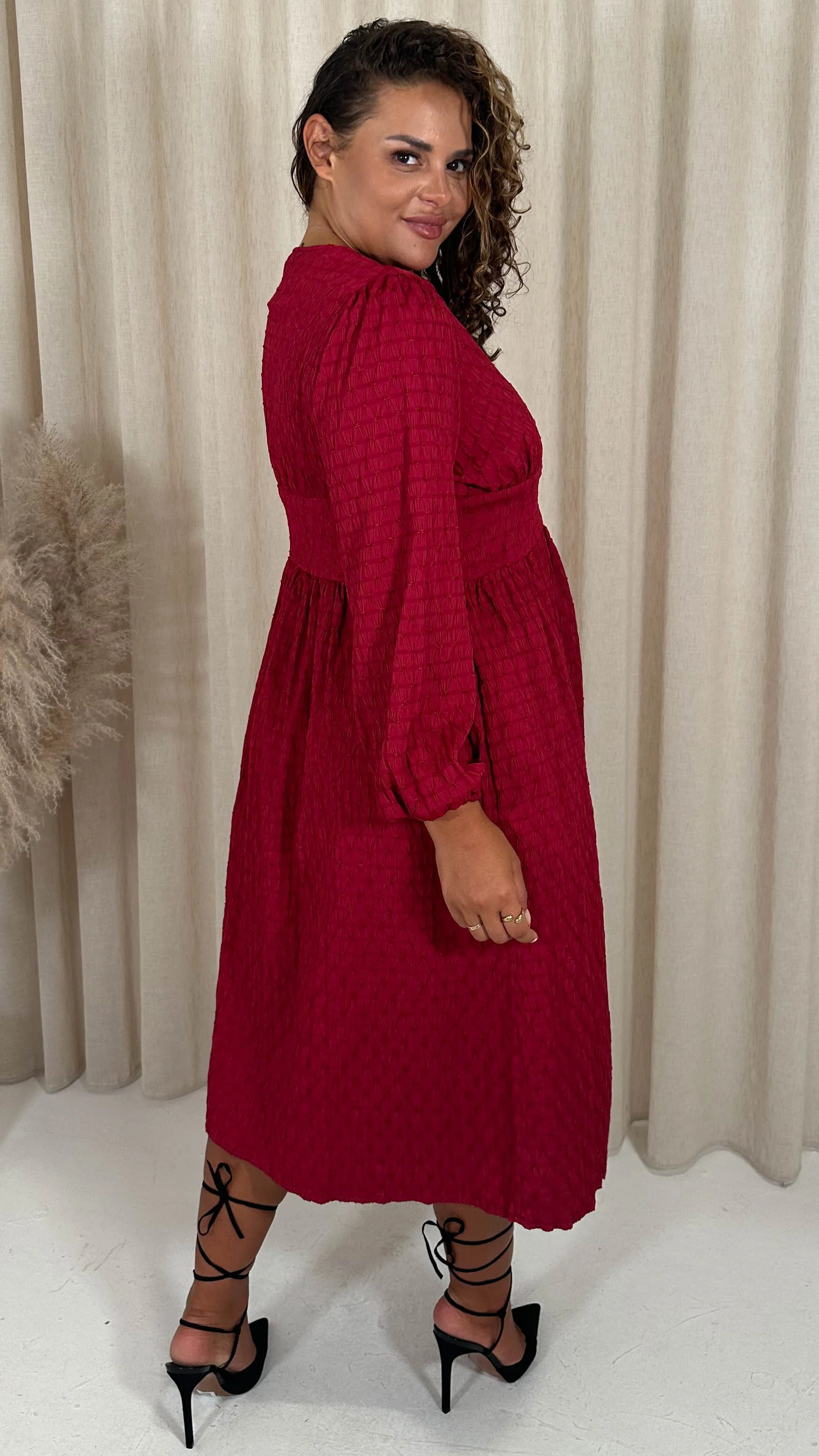 CurveWow Dobby Textured Button Front Midi Dress Red - Image 2