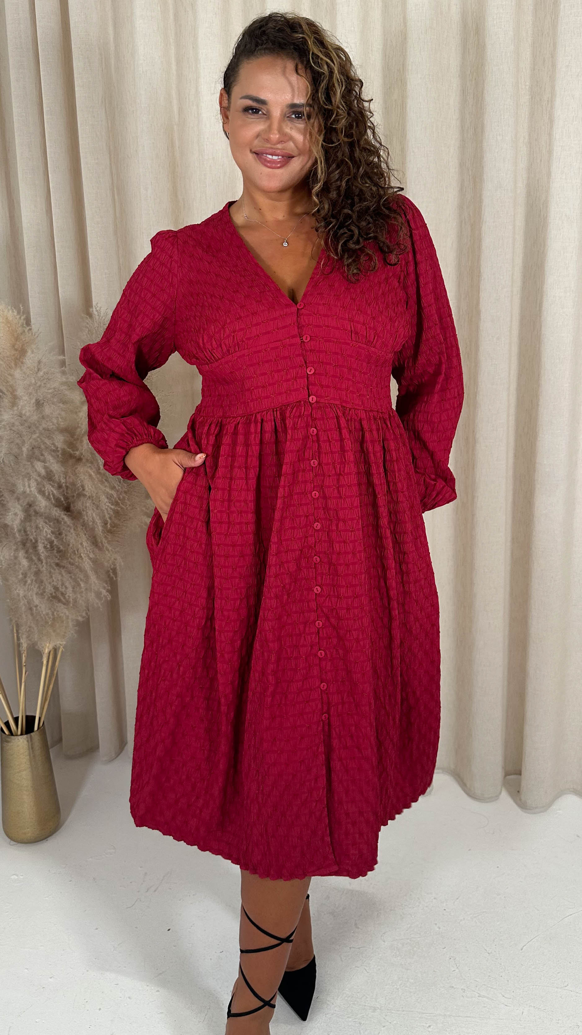 CurveWow Dobby Textured Button Front Midi Dress Red - Image 4