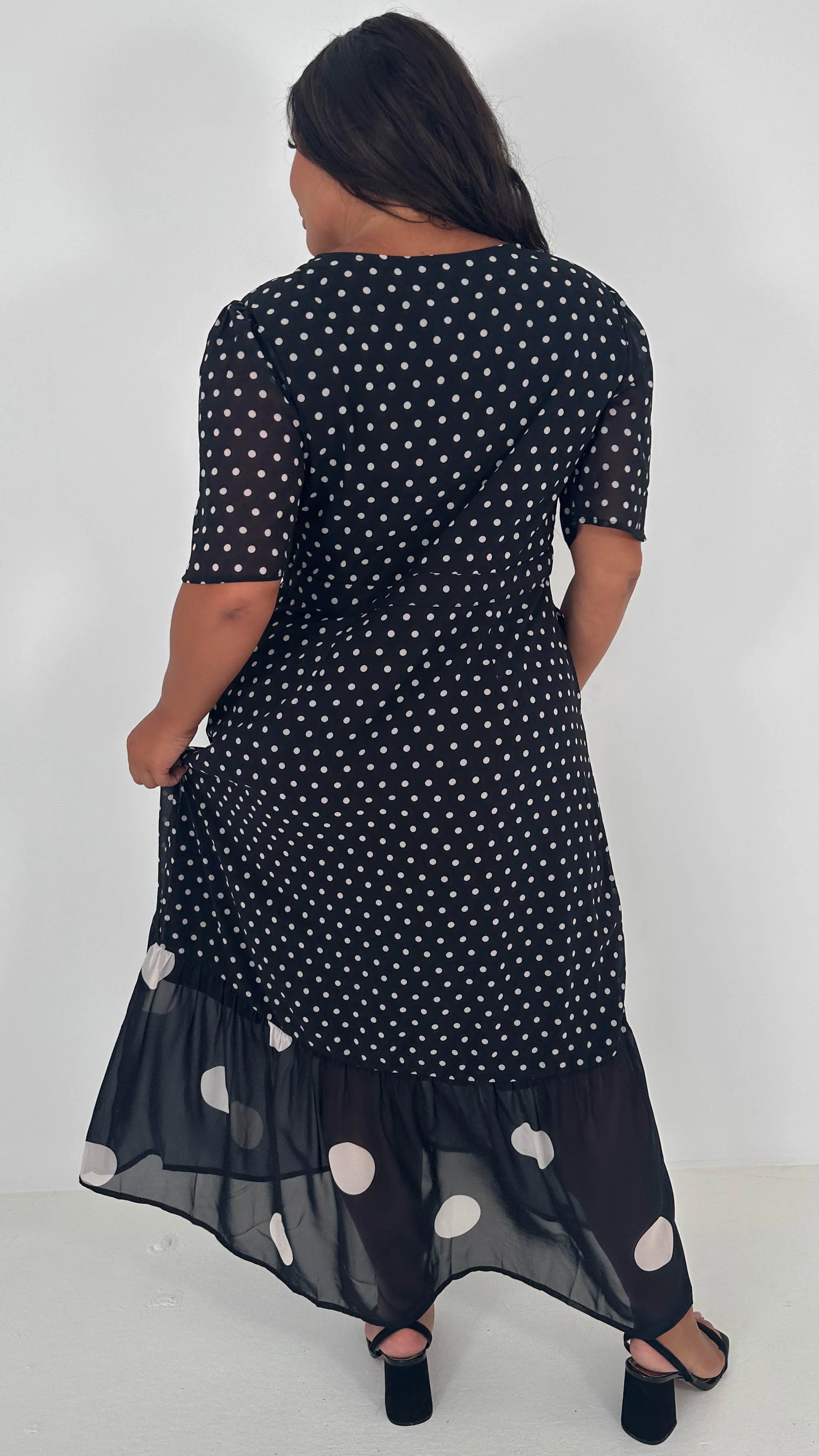 CurveWow Double Spot Frill Hem Maxi Dress Black - Image 6