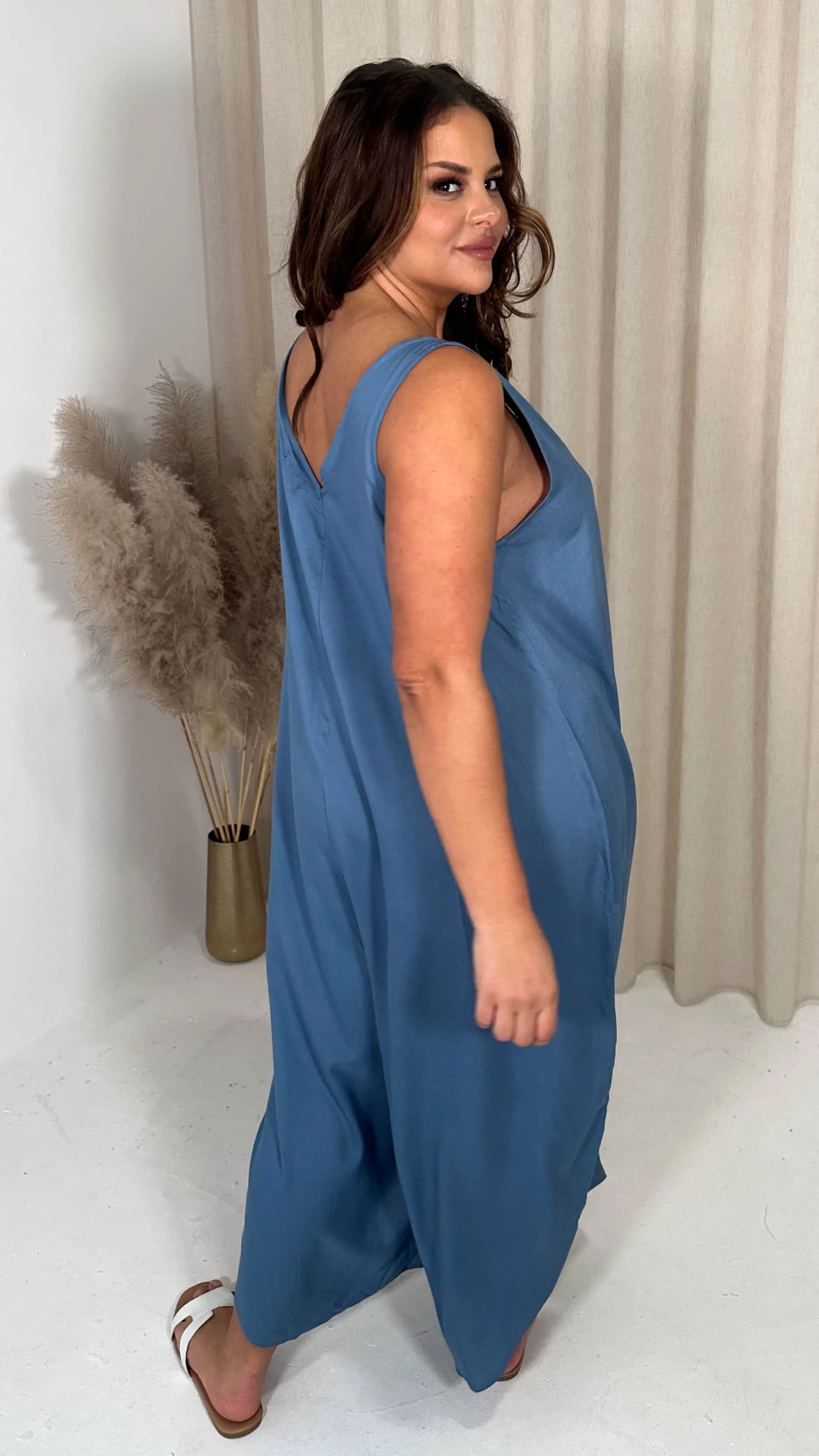 CurveWow Double V Neck Dip Hem Jumpsuit Blue - Image 7