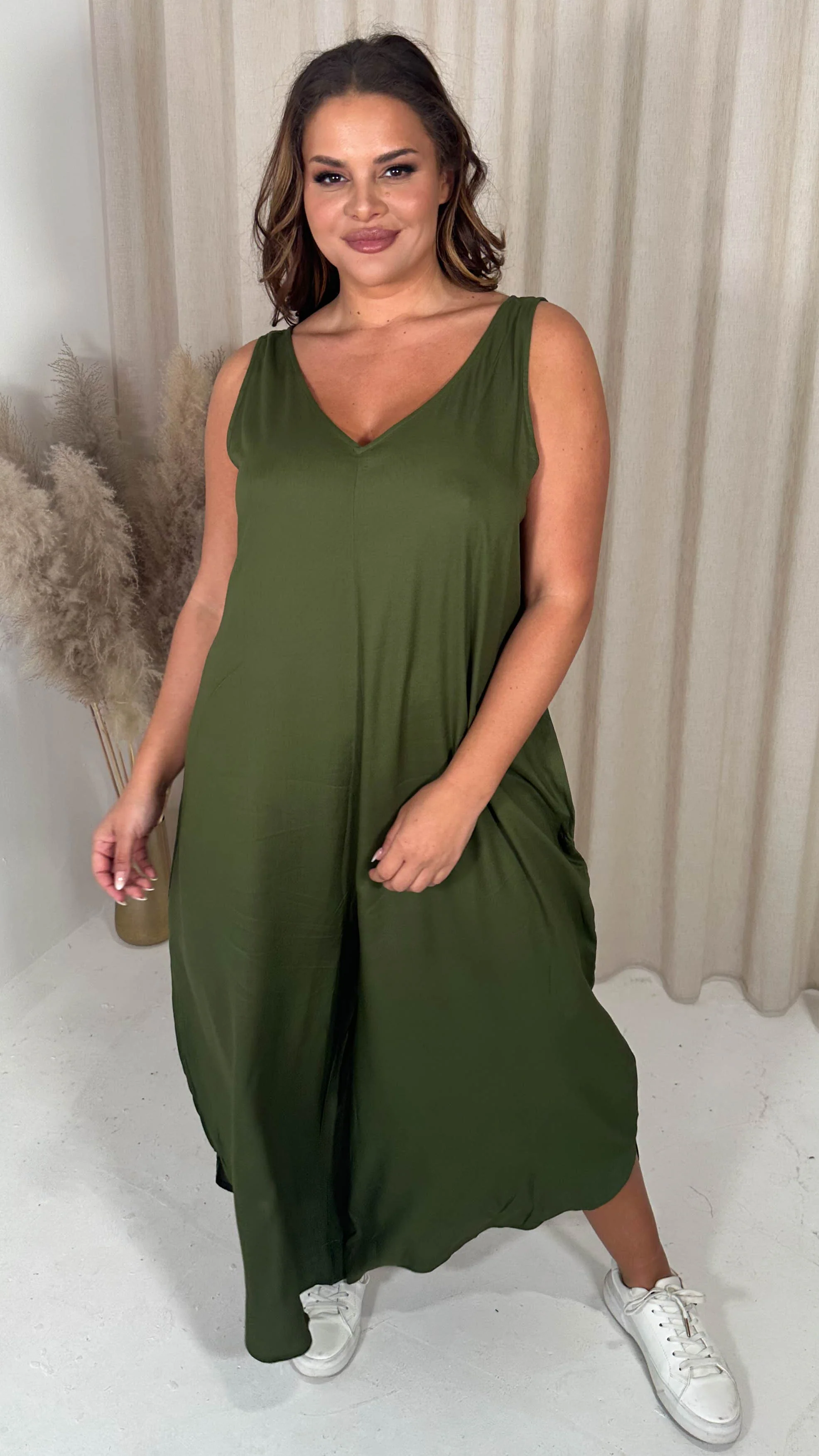 CurveWow Double V Neck Dip Hem Jumpsuit Khaki - Image 2