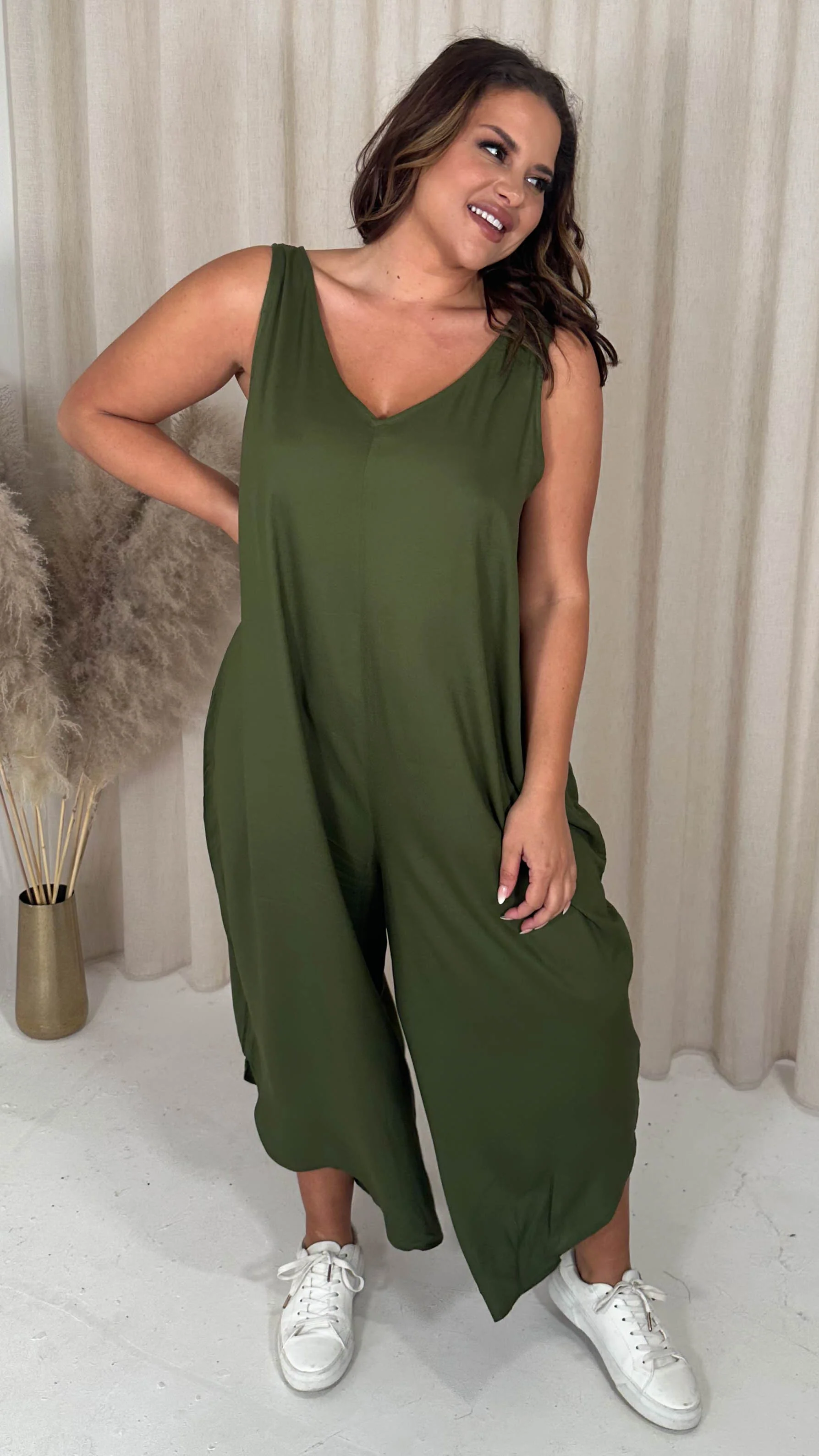 CurveWow Double V Neck Dip Hem Jumpsuit Khaki - Image 3