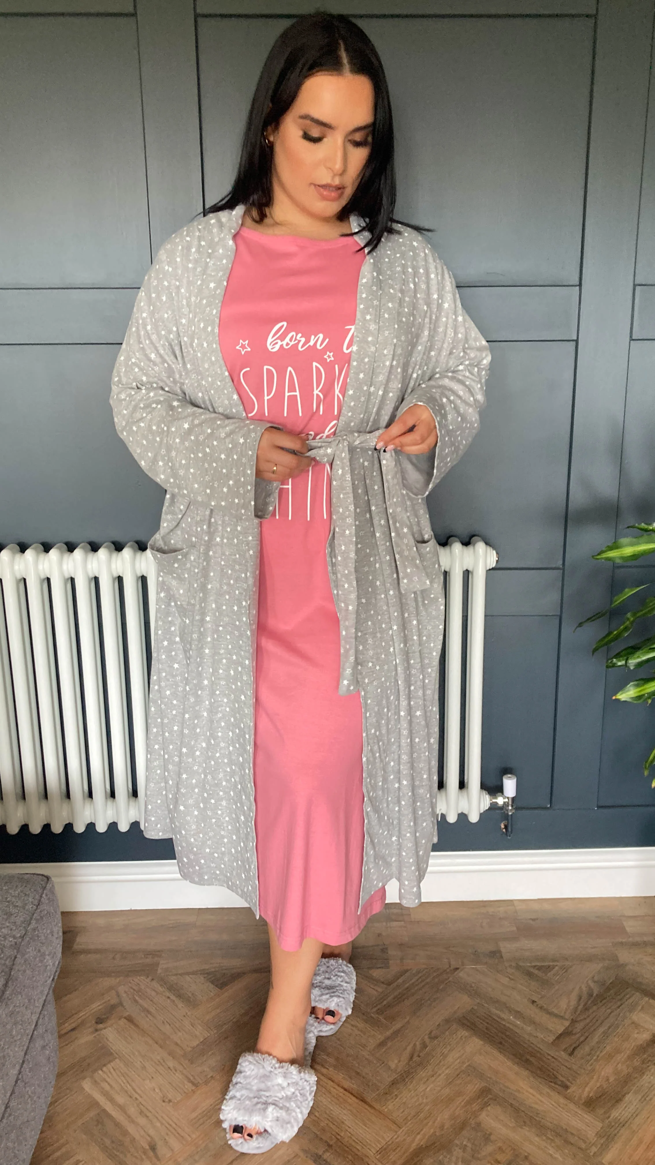 CurveWow Dressing Gown Grey Star Print - Image 6