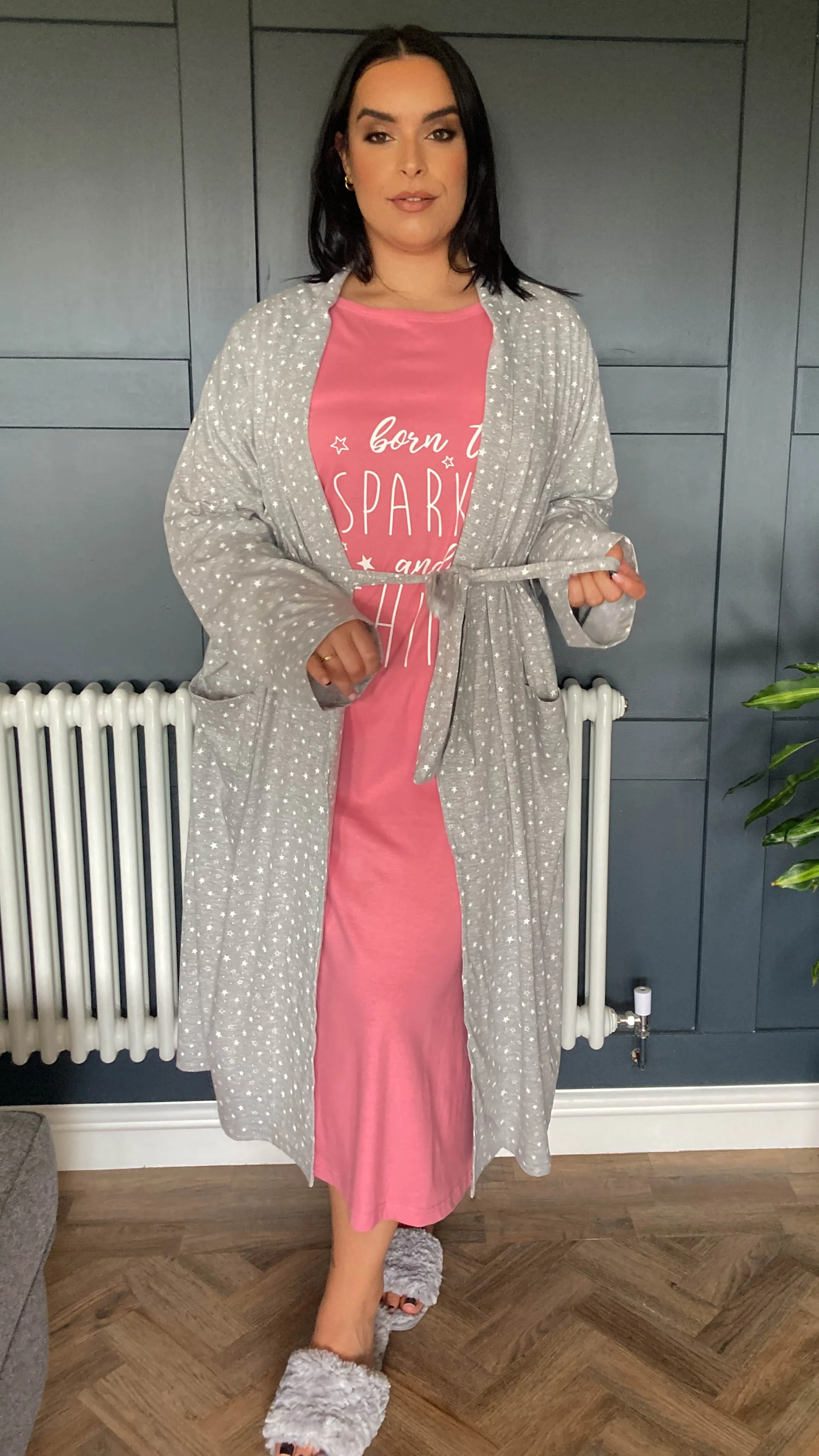 CurveWow Dressing Gown Grey Star Print - Image 7