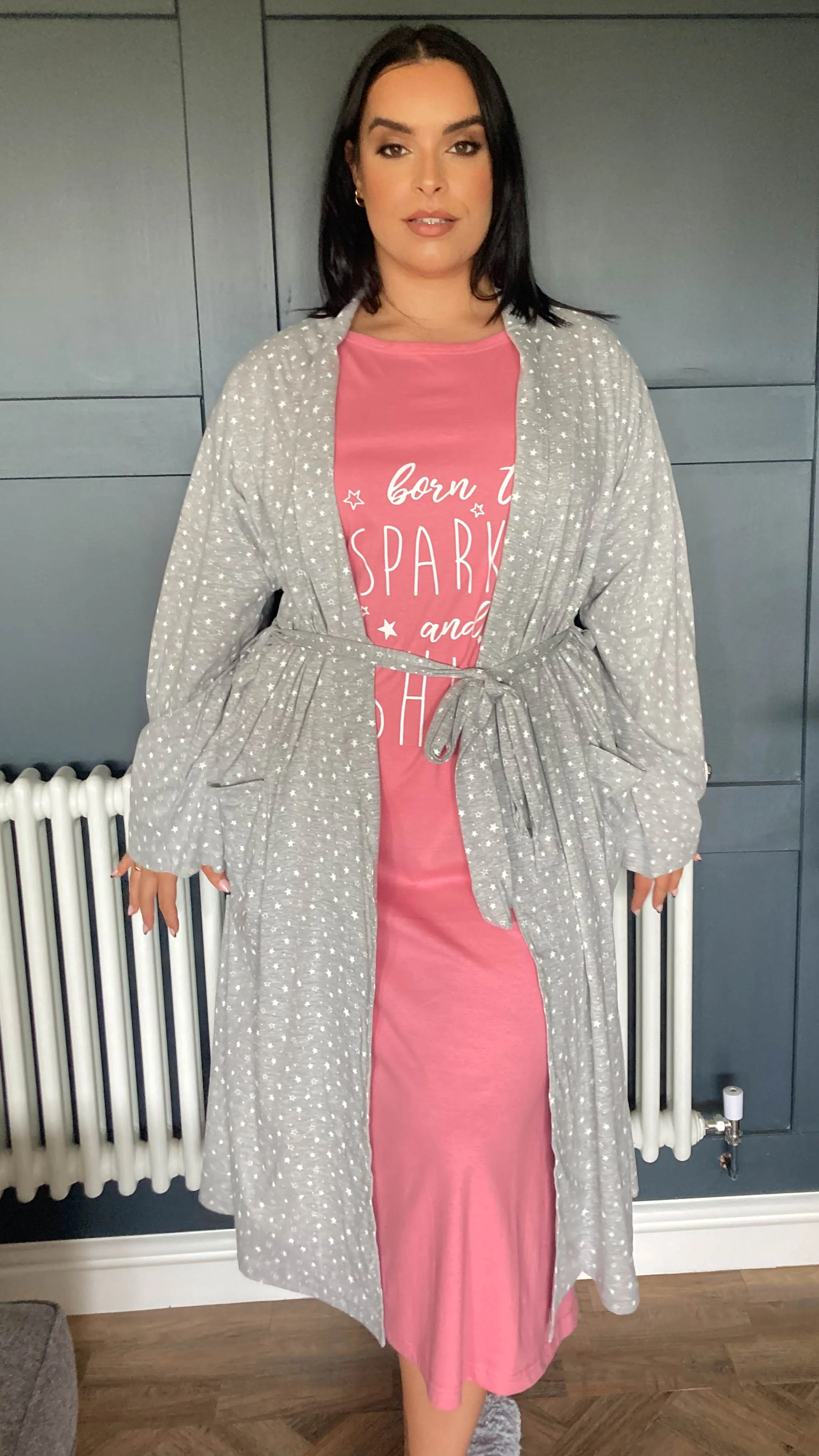 CurveWow Dressing Gown Grey Star Print - Image 8