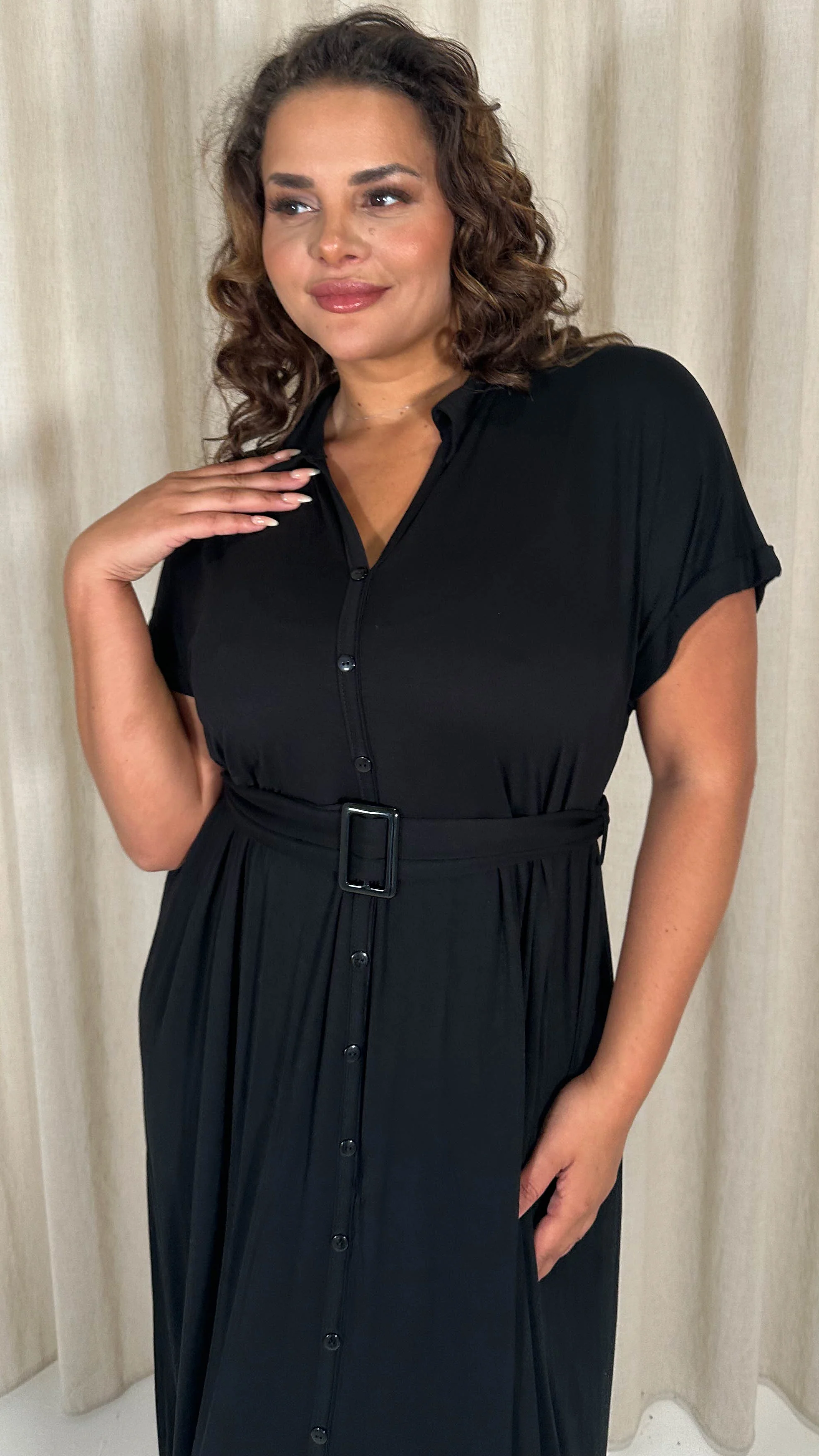 CurveWow Drop Shoulder Mock Placket Collar Midi Dress Black - Image 2