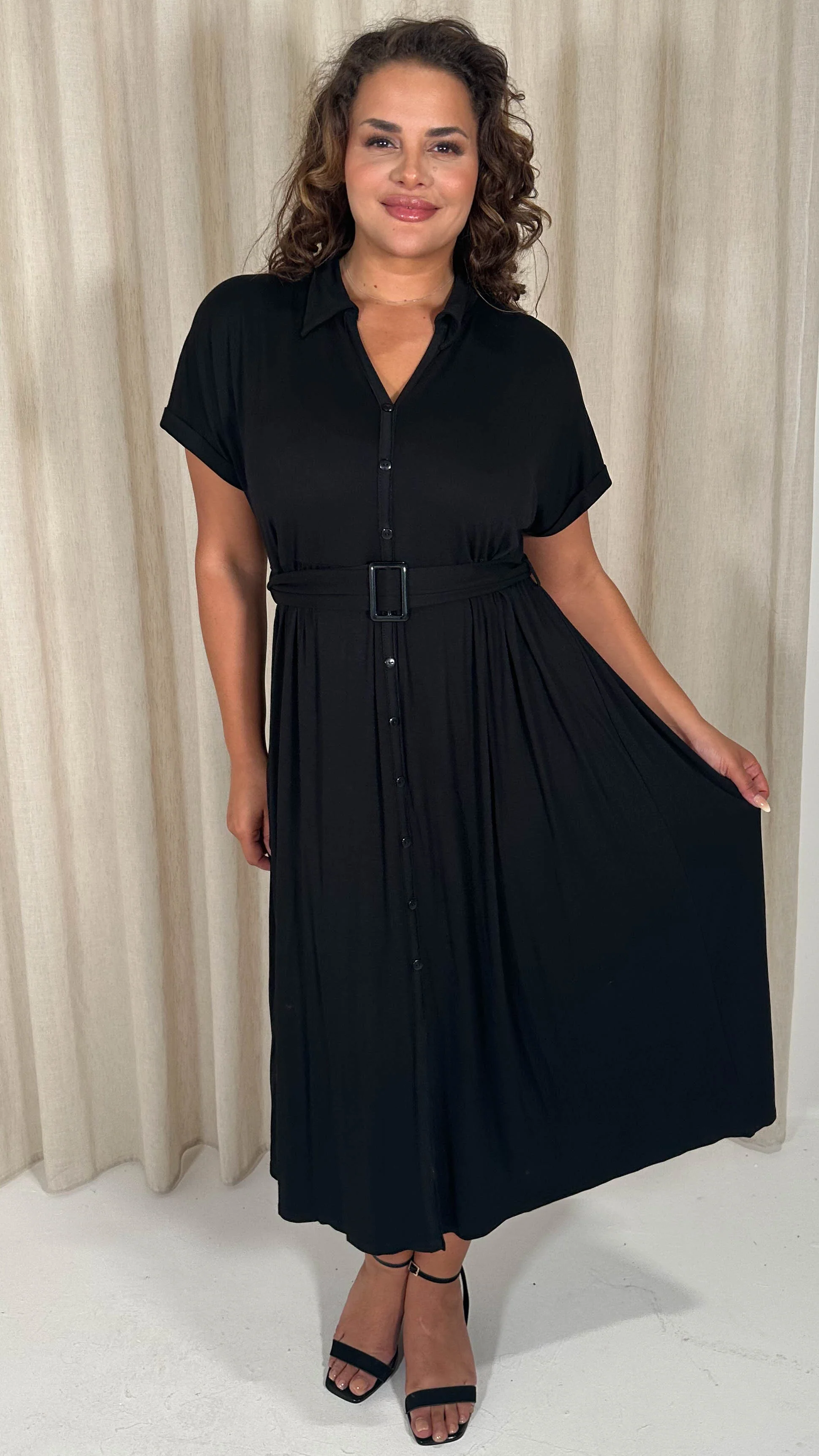 CurveWow Drop Shoulder Mock Placket Collar Midi Dress Black - Image 3