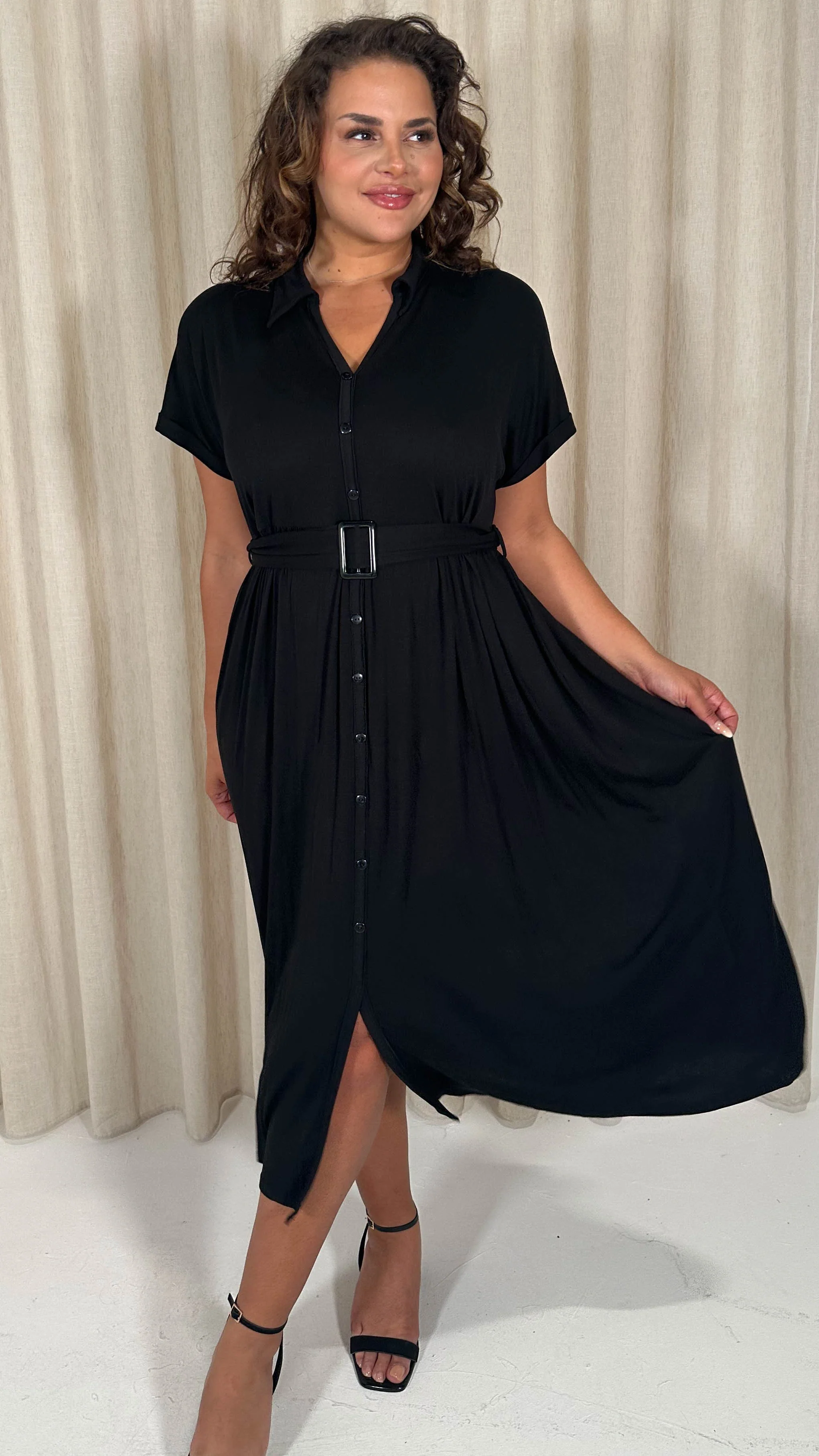CurveWow Drop Shoulder Mock Placket Collar Midi Dress Black - Image 4