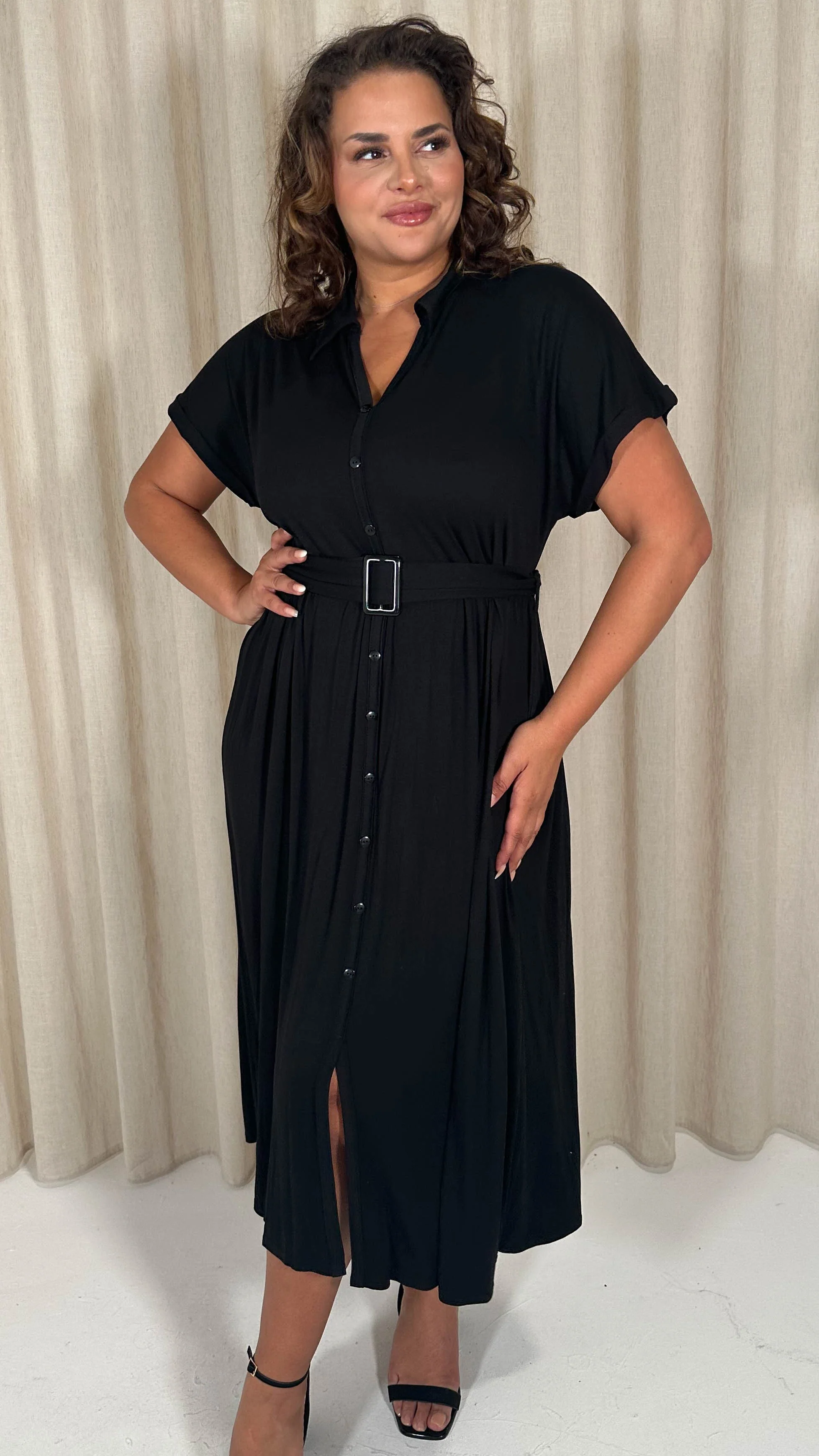 CurveWow Drop Shoulder Mock Placket Collar Midi Dress Black - Image 5