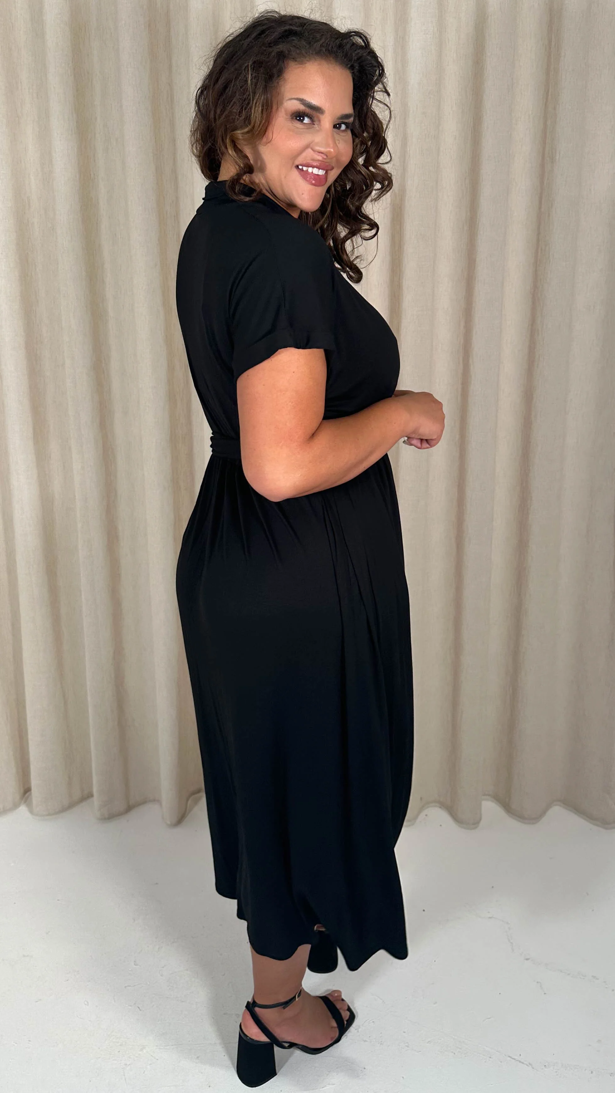 CurveWow Drop Shoulder Mock Placket Collar Midi Dress Black - Image 6