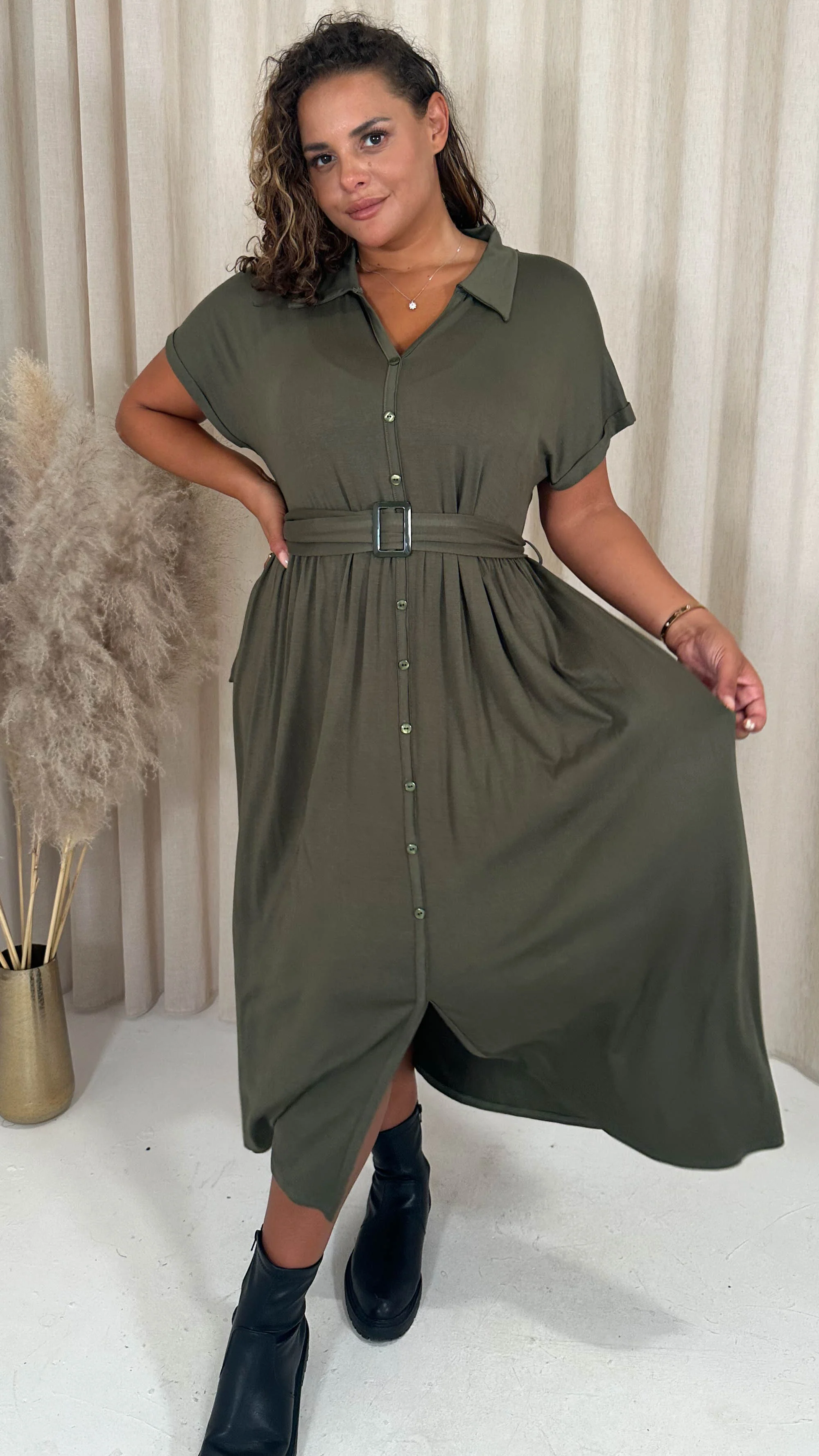 CurveWow Drop Shoulder Mock Placket Collar Midi Dress Khaki - Image 2