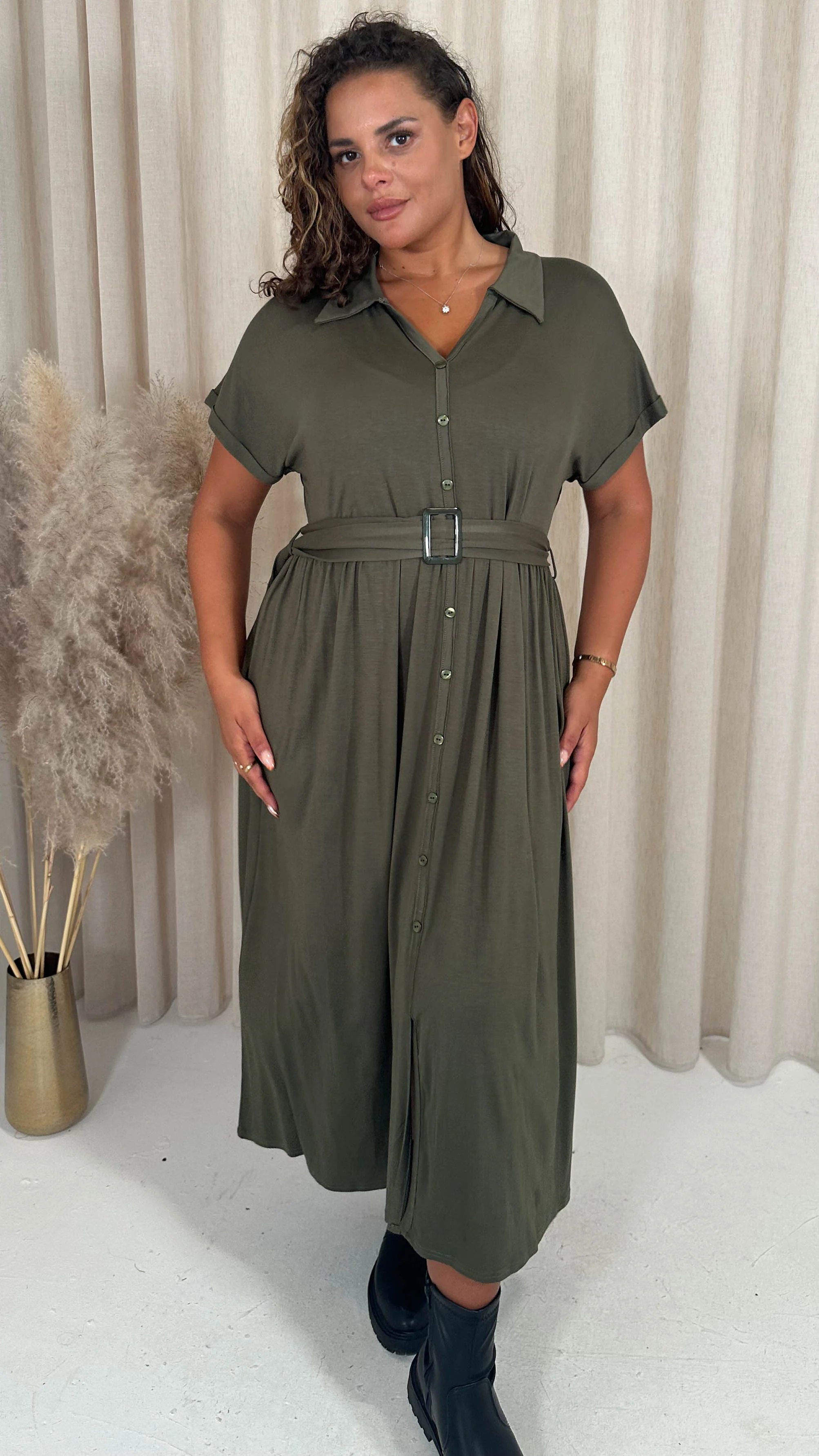 CurveWow Drop Shoulder Mock Placket Collar Midi Dress Khaki - Image 5