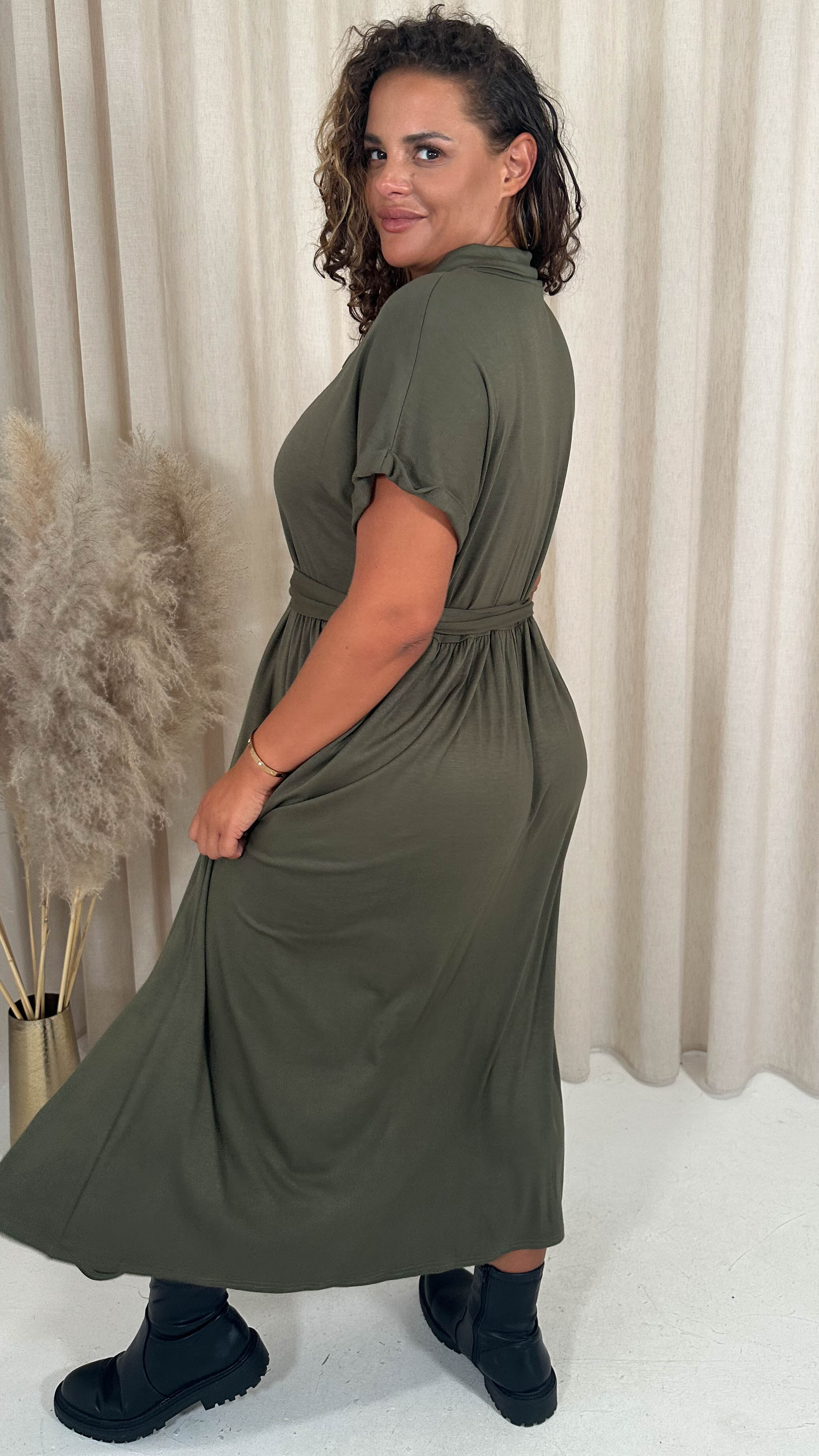 CurveWow Drop Shoulder Mock Placket Collar Midi Dress Khaki - Image 7