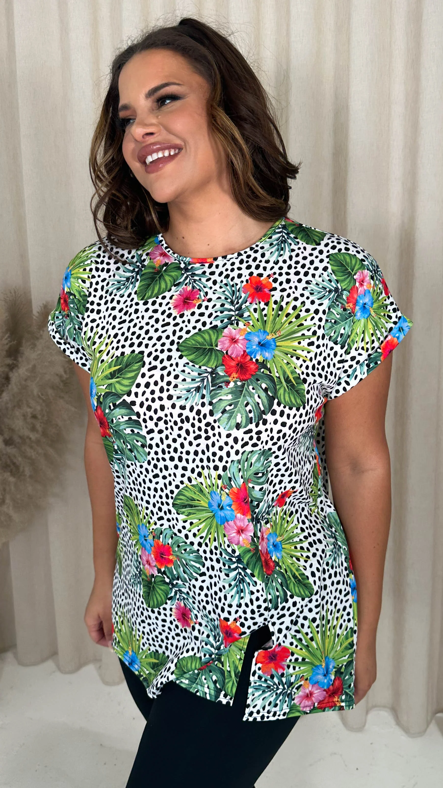 CurveWow Drop Shoulder Split Front Tunic Spot Palm - Image 5