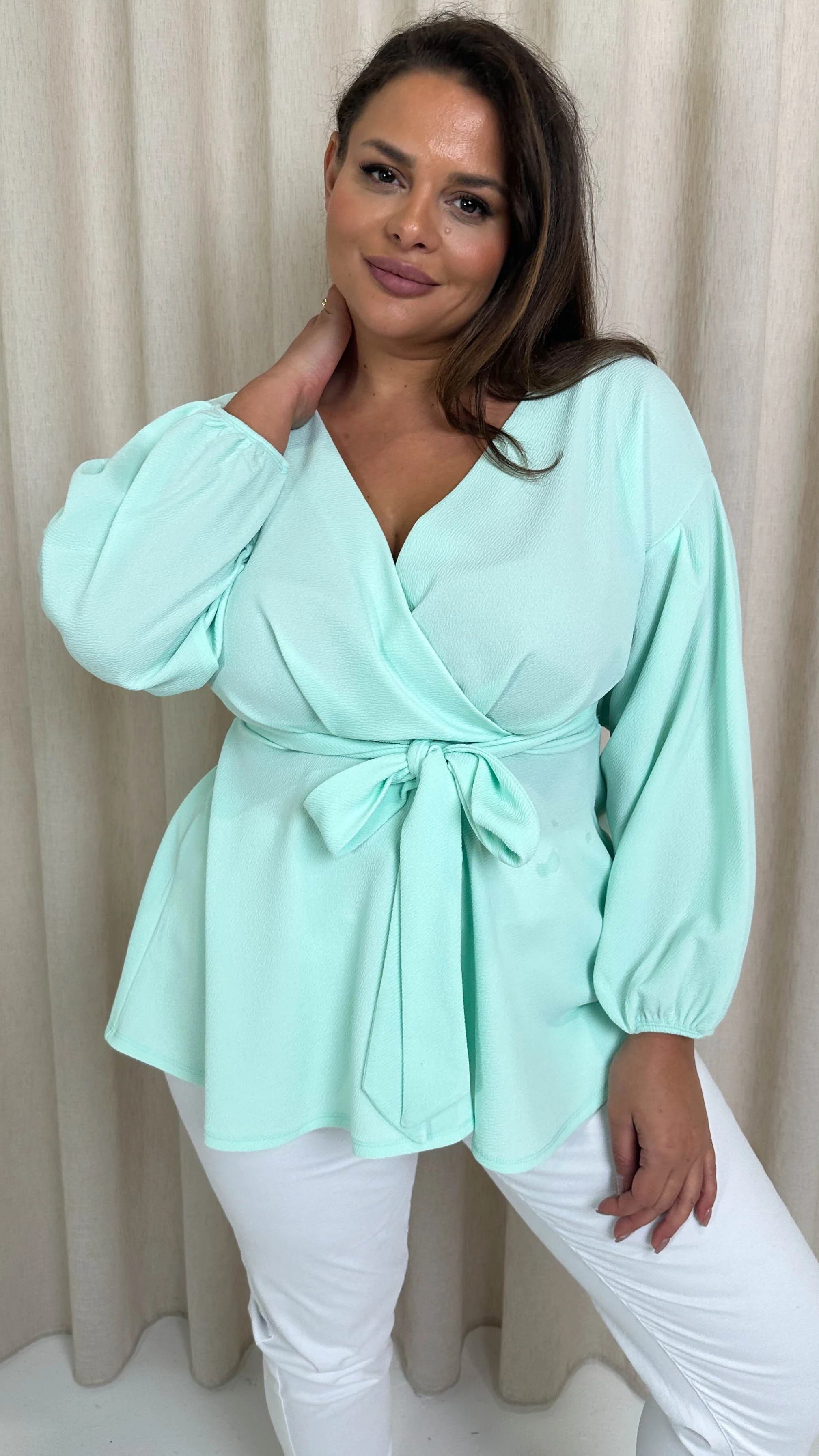 CurveWow Drop Shoulder Tie Waist Peplum Top Mint Green