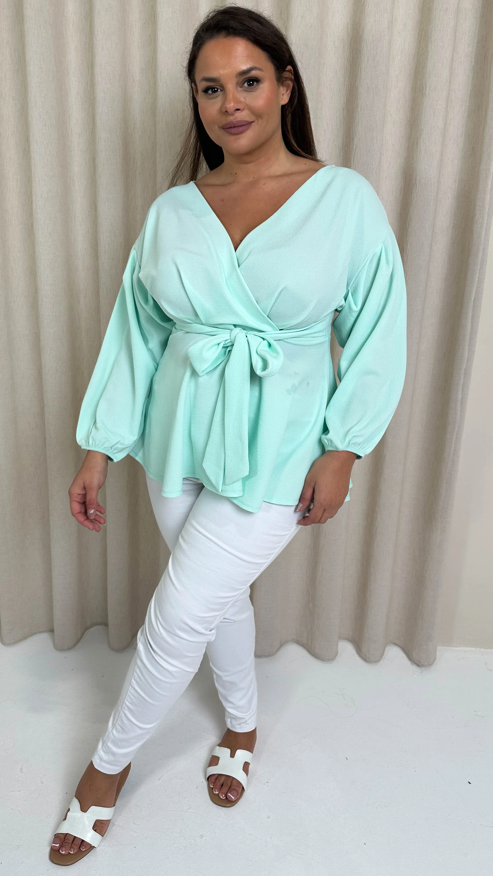 CurveWow Drop Shoulder Tie Waist Peplum Top Mint Green - Image 4