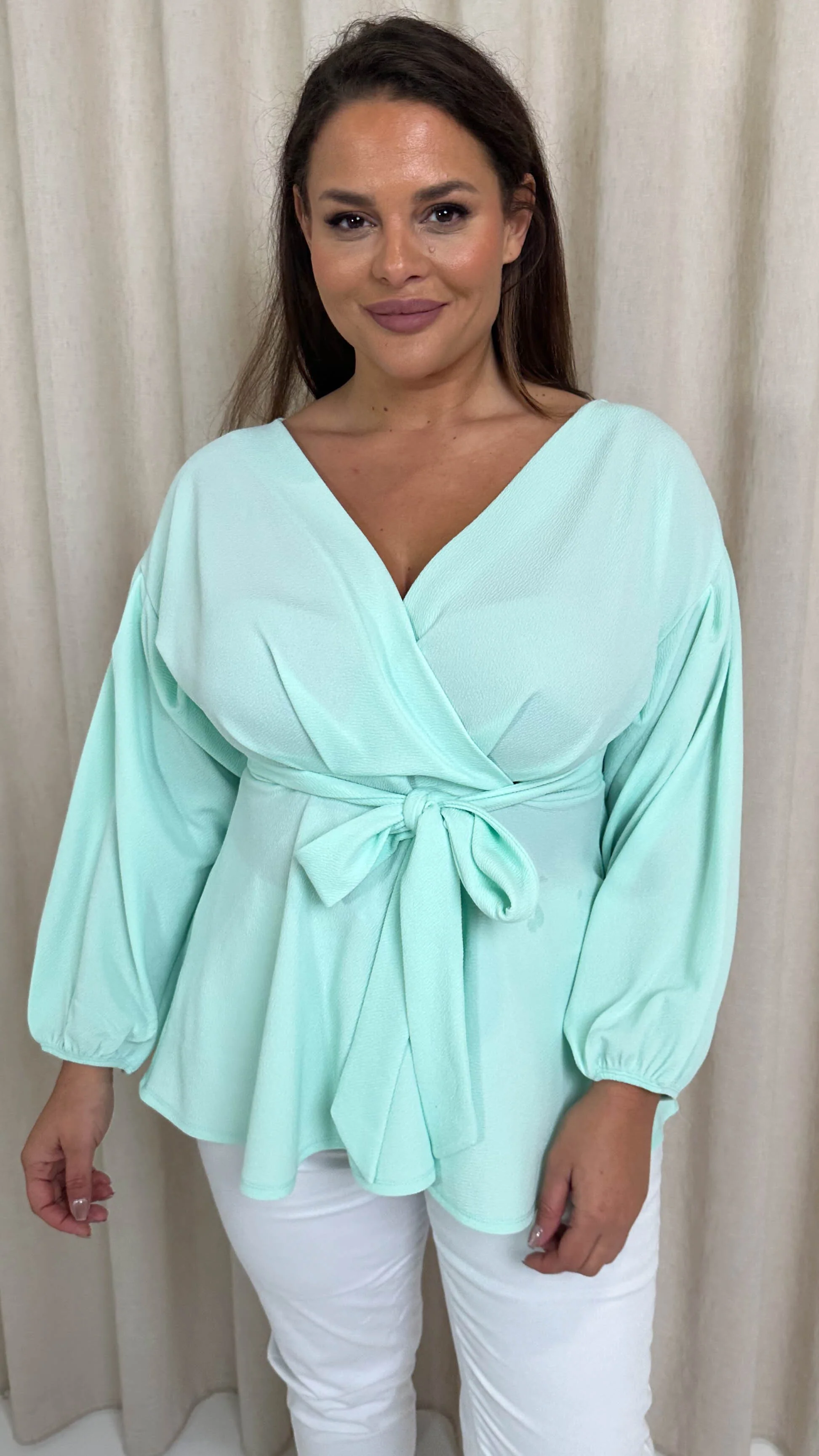 CurveWow Drop Shoulder Tie Waist Peplum Top Mint Green - Image 6