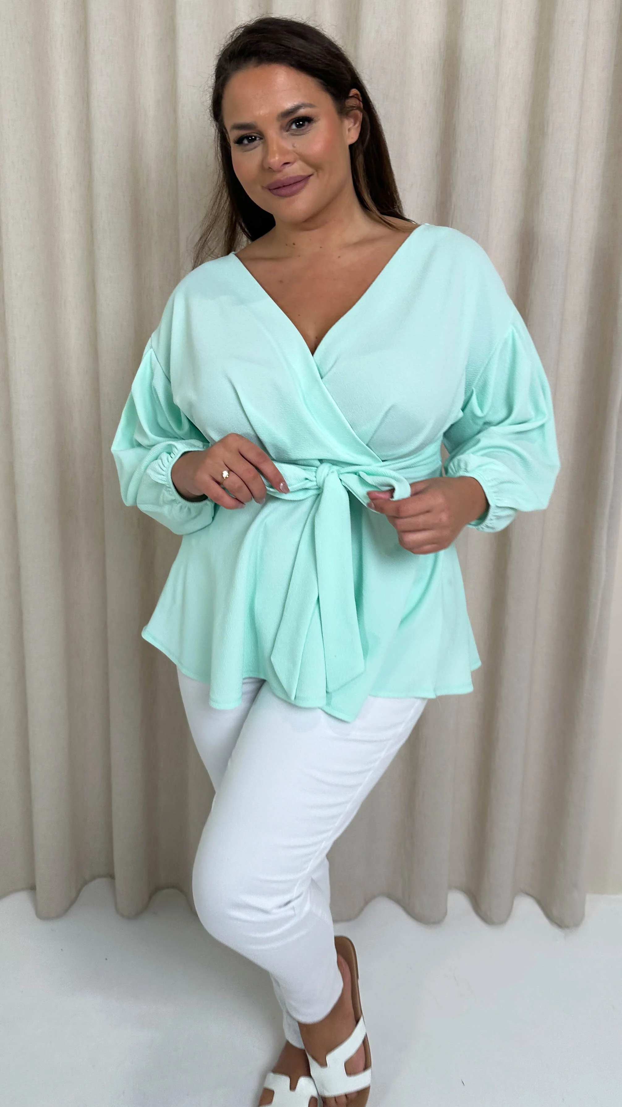 CurveWow Drop Shoulder Tie Waist Peplum Top Mint Green - Image 7