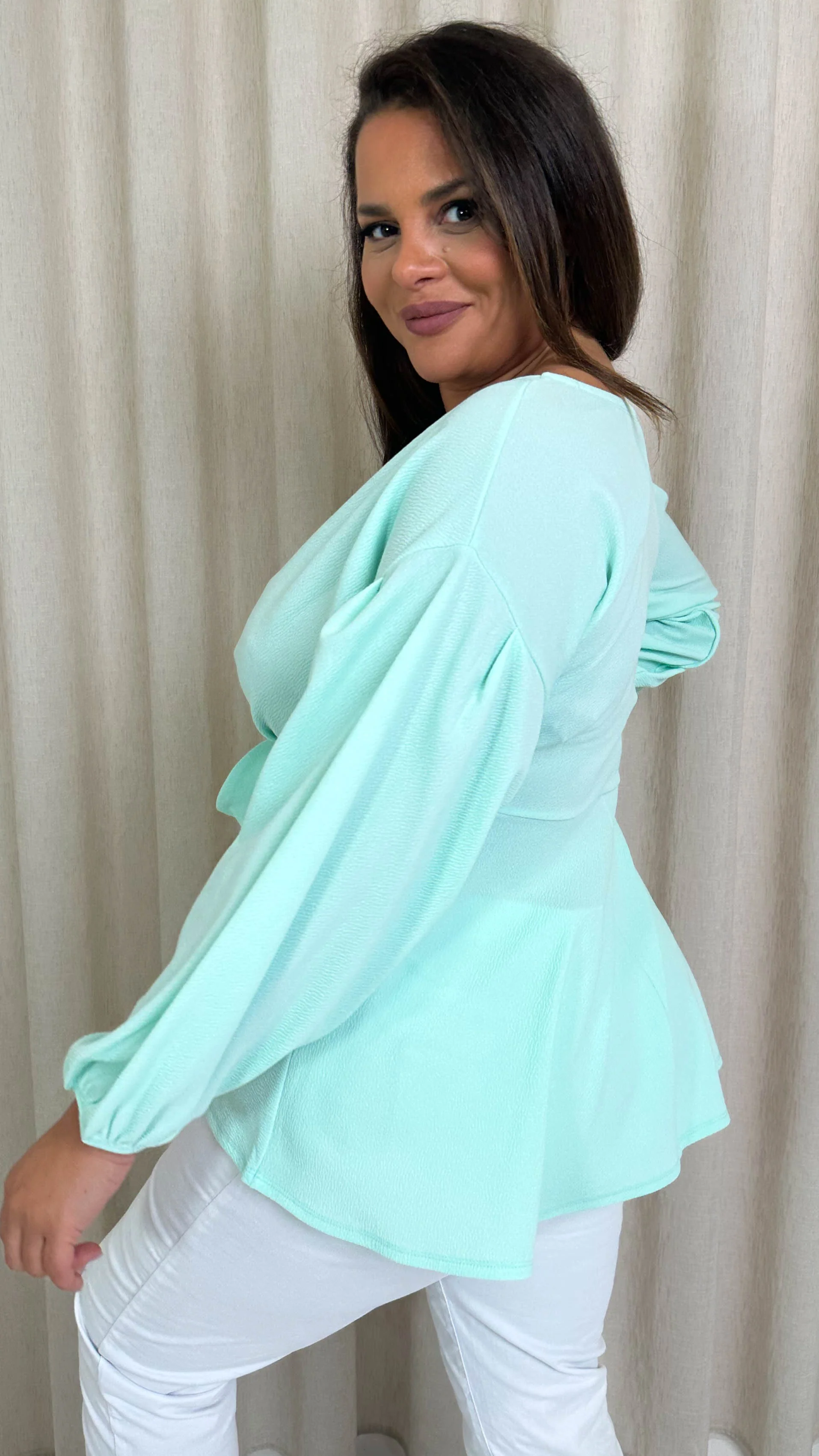 CurveWow Drop Shoulder Tie Waist Peplum Top Mint Green - Image 8