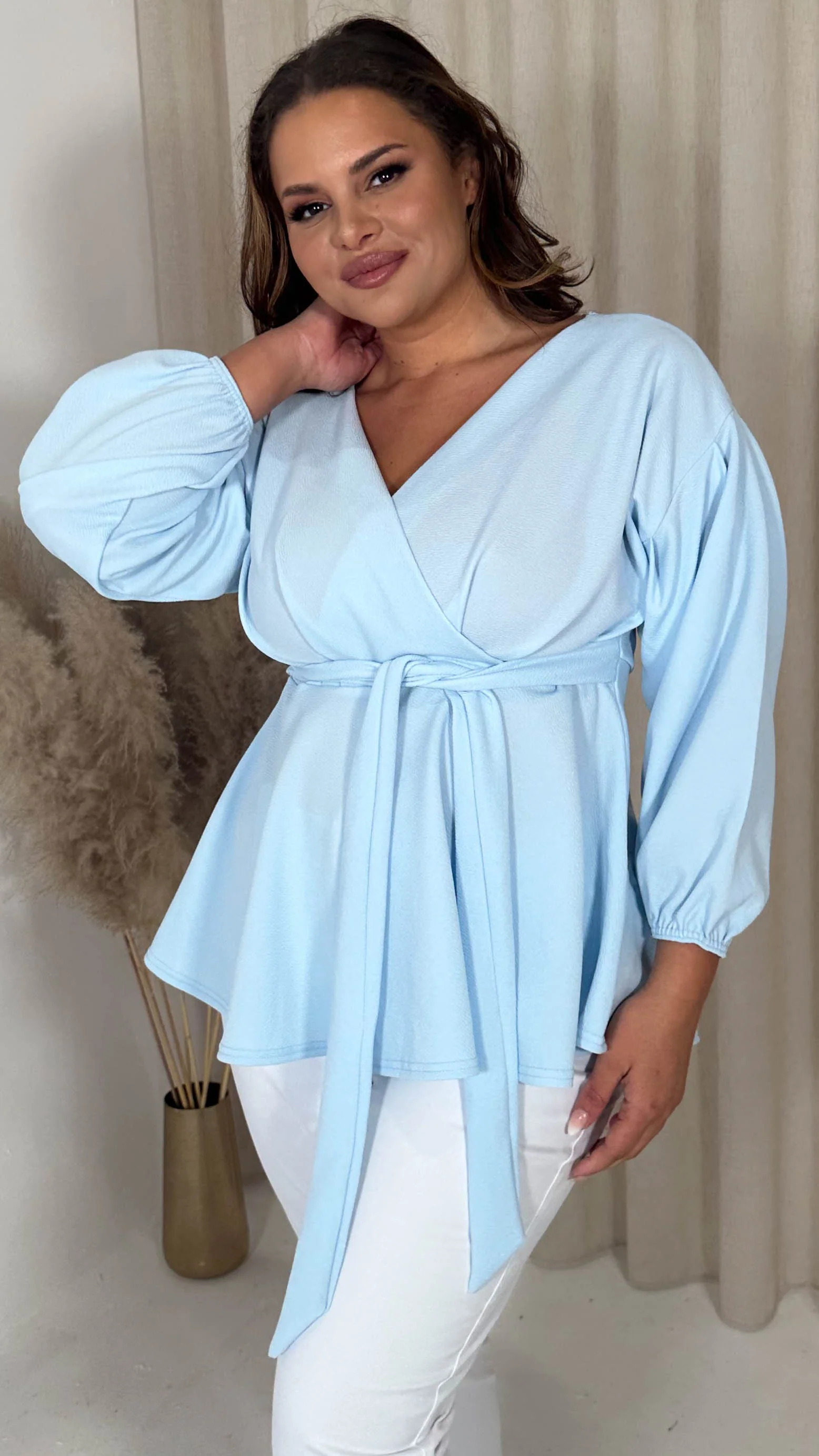 CurveWow Drop Shoulder Tie Waist Peplum Top Powder Blue