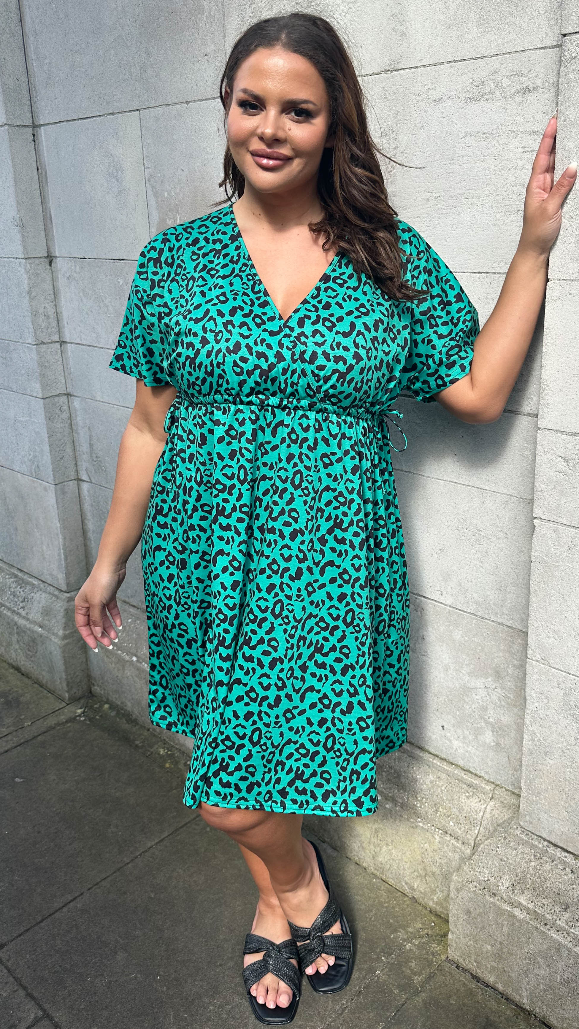CurveWow Wrap Channel Waist Dress Green Animal - Image 3
