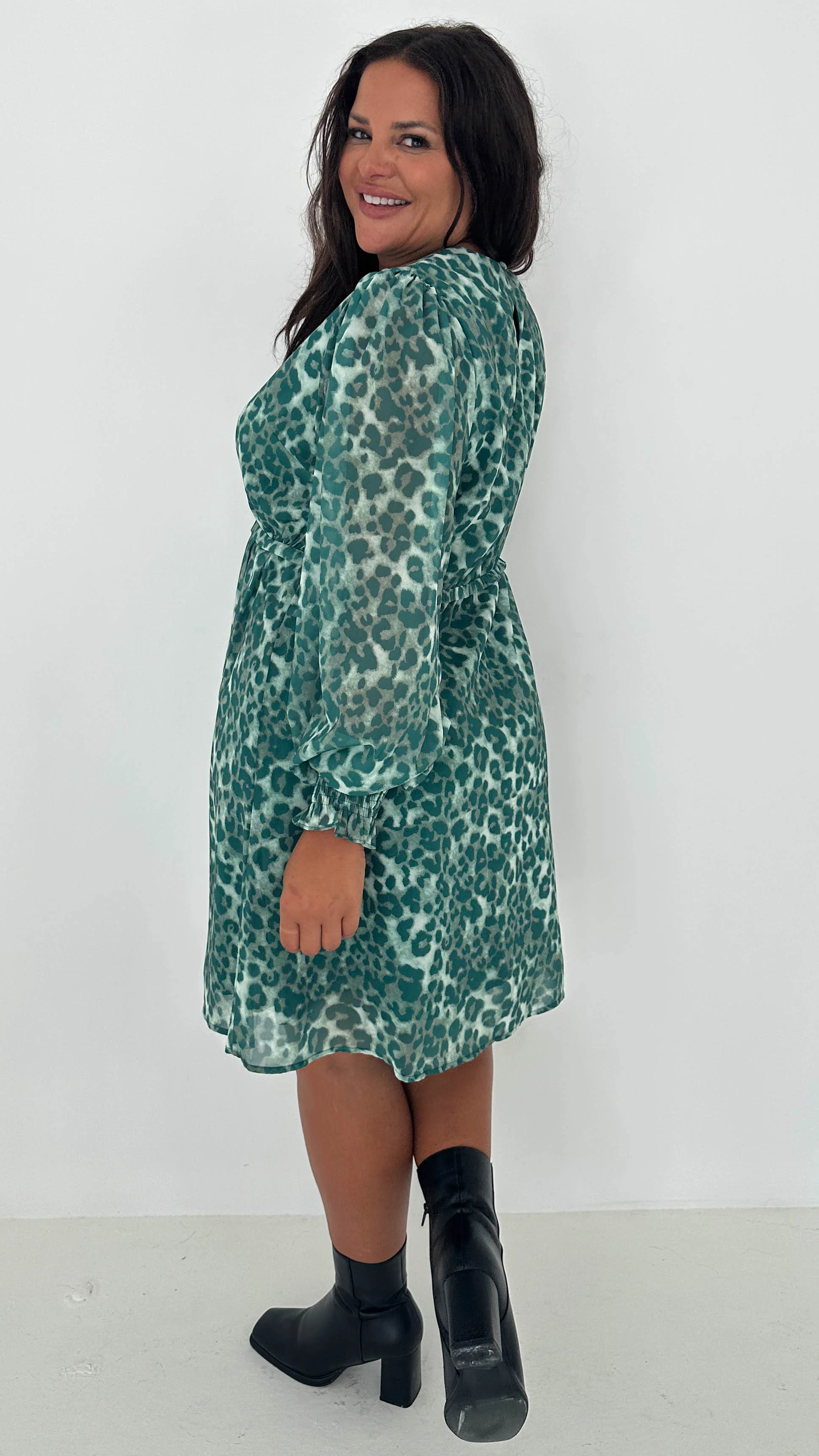 CurveWow Drop Waist Mini Dress Green Leopard - Image 8