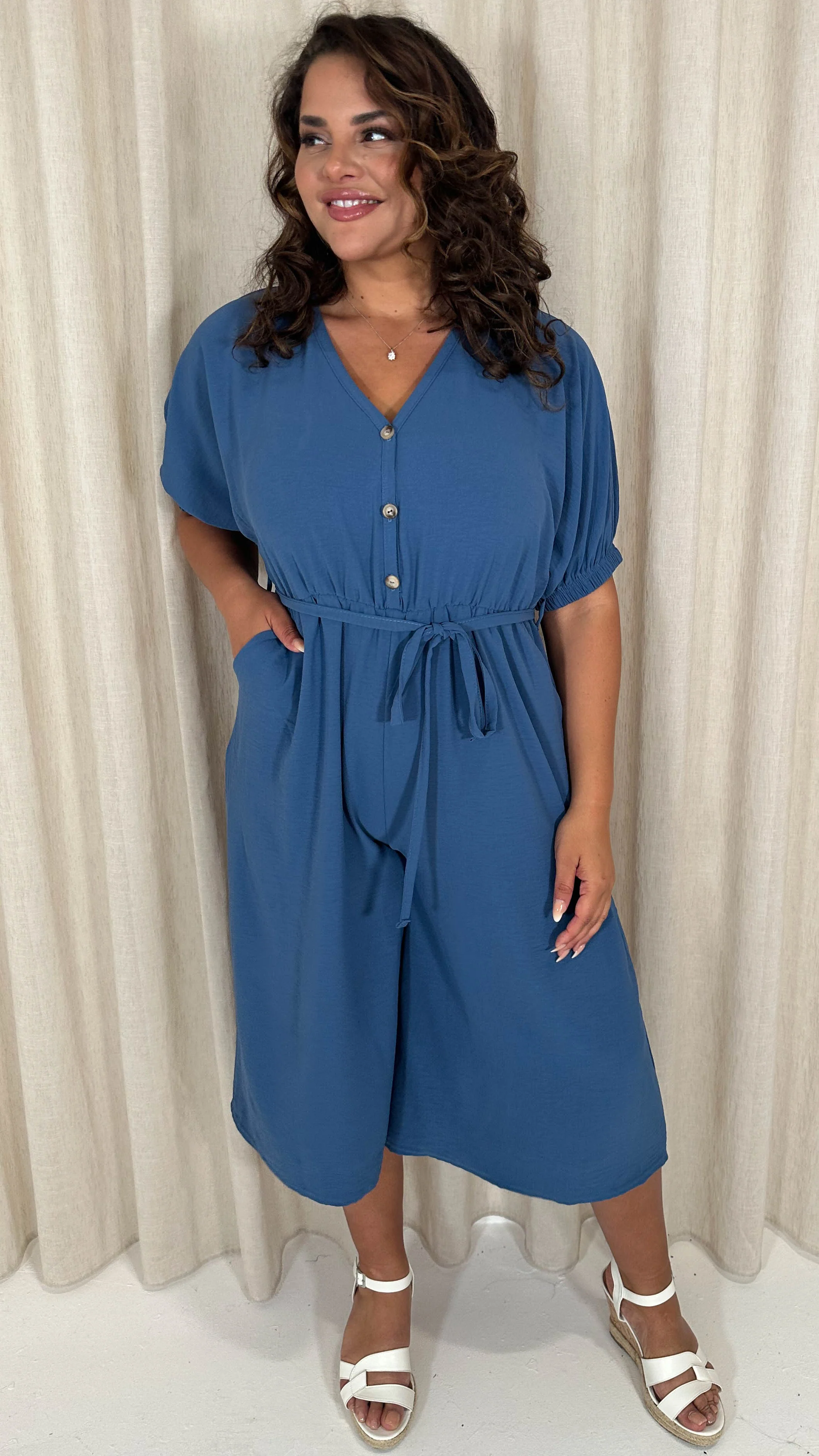 CurveWow Elasticated Cuff Culotte Jumpsuit Indigo - Image 3