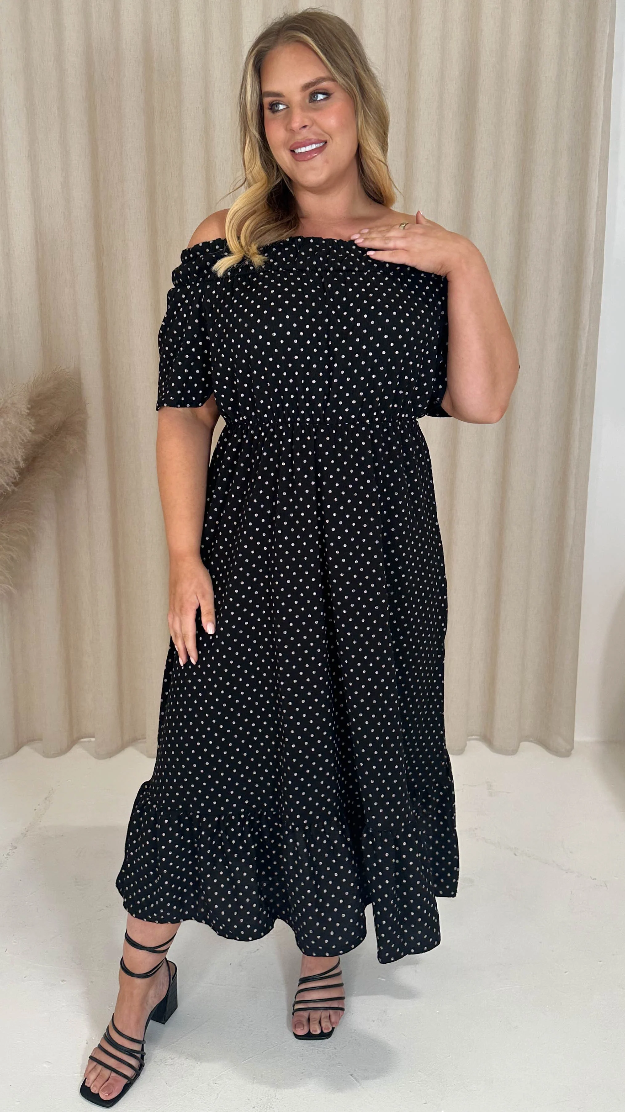 CurveWow Elasticated Waist Bardot Maxi Dress Black Polka - Image 6