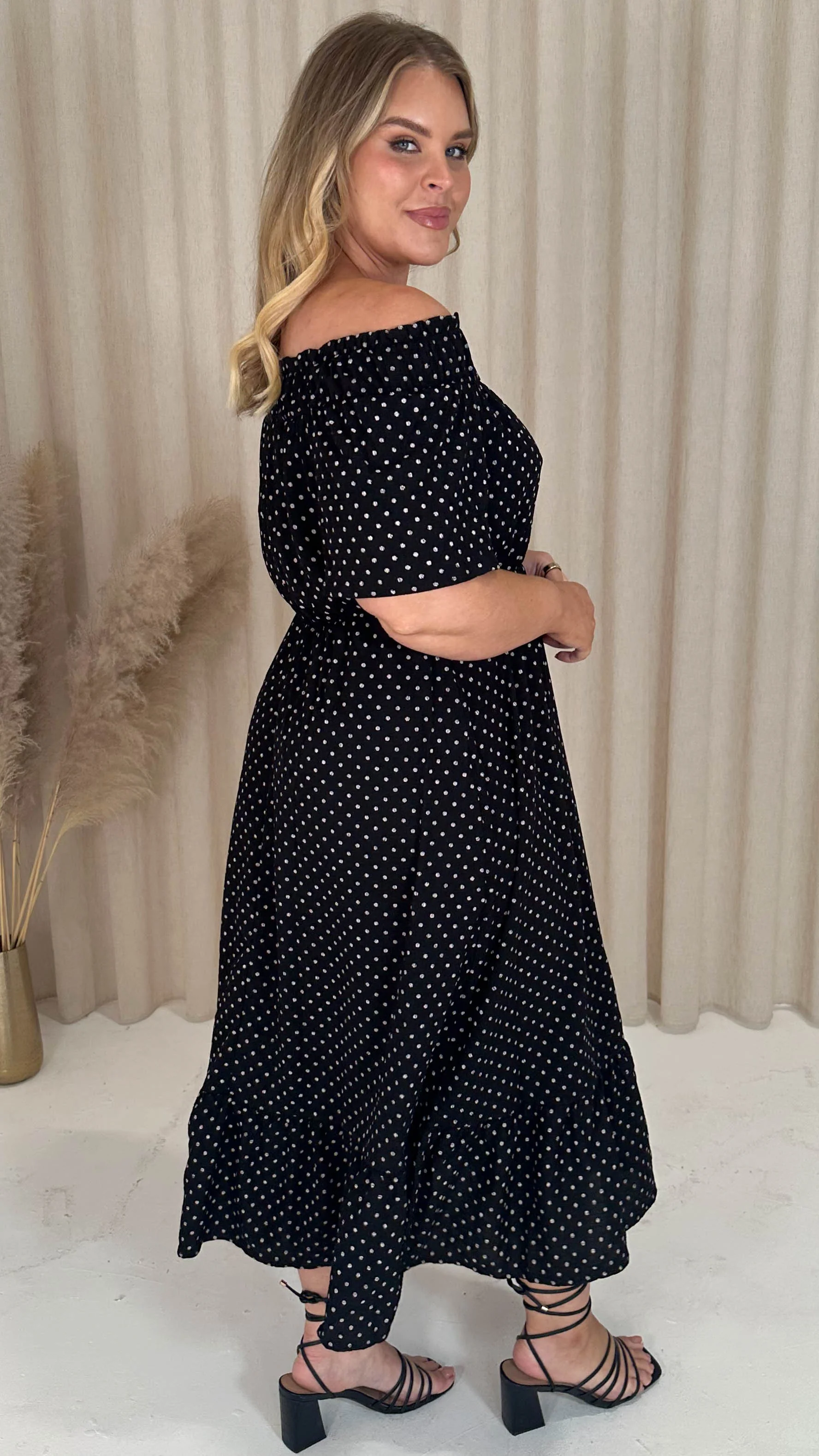 CurveWow Elasticated Waist Bardot Maxi Dress Black Polka - Image 9