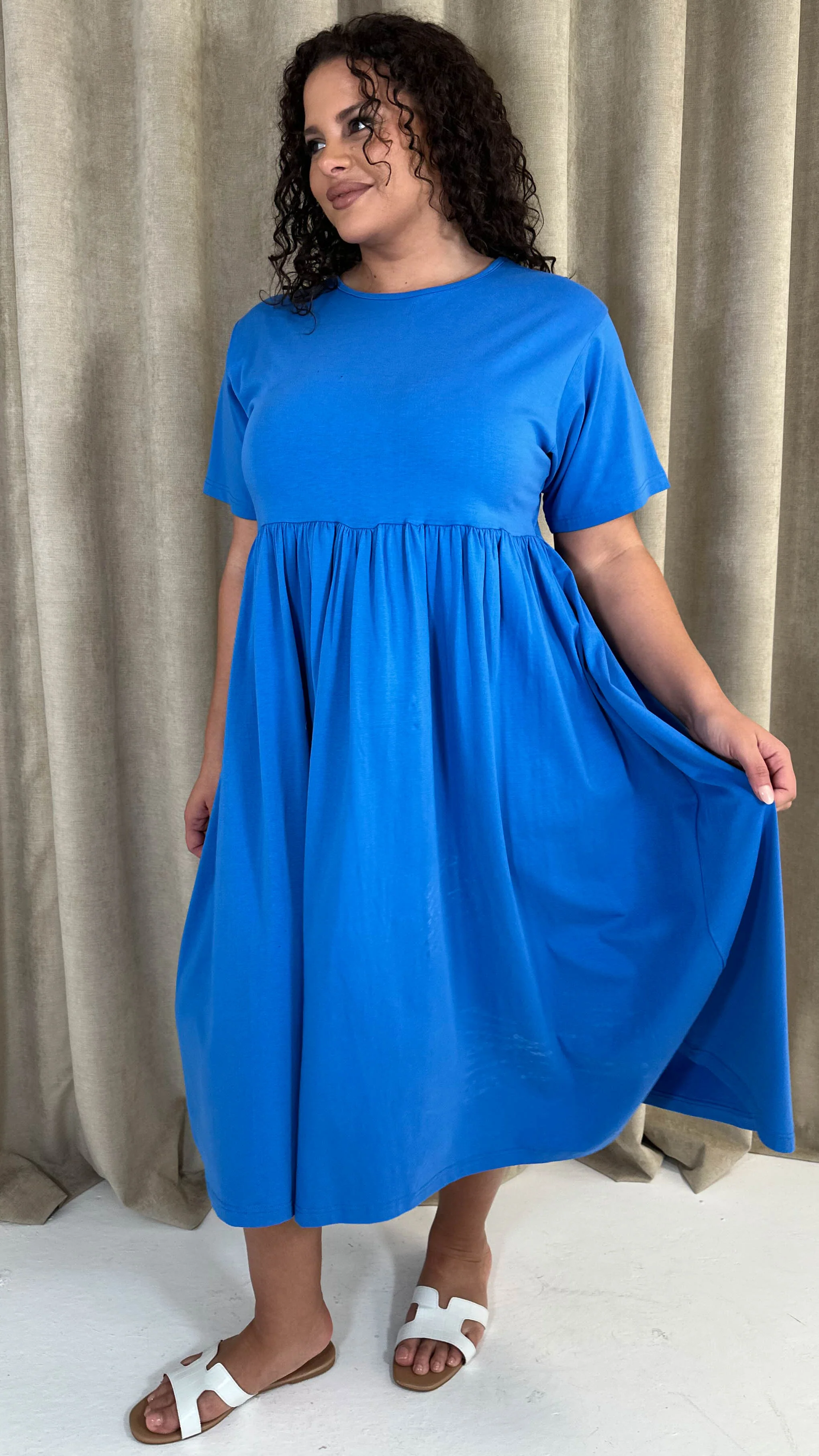 CurveWow Elasticated Waist Midi Dress Blue - Image 7