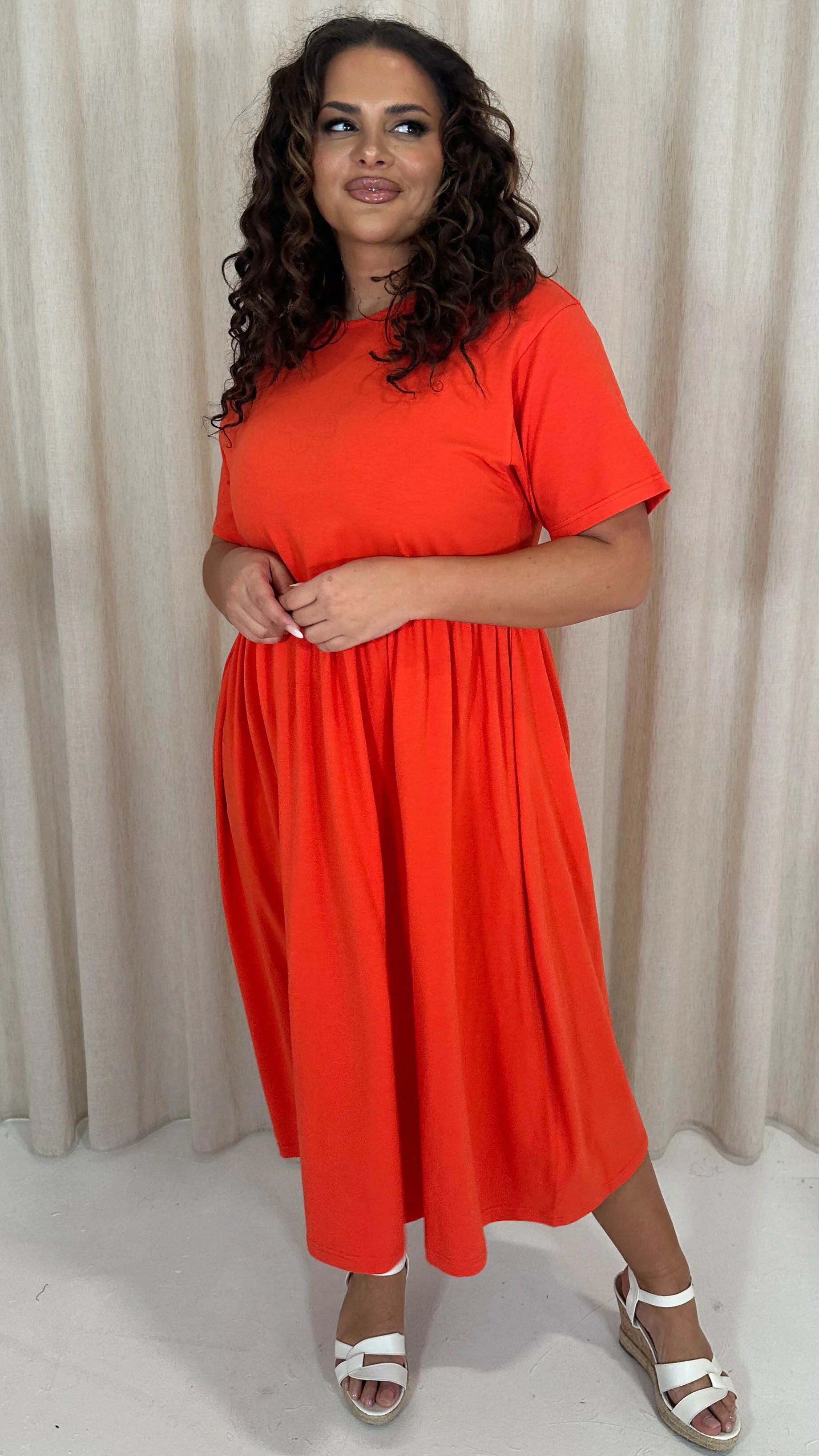 CurveWow Elasticated Waist Midi Dress Red/Orange - Image 6