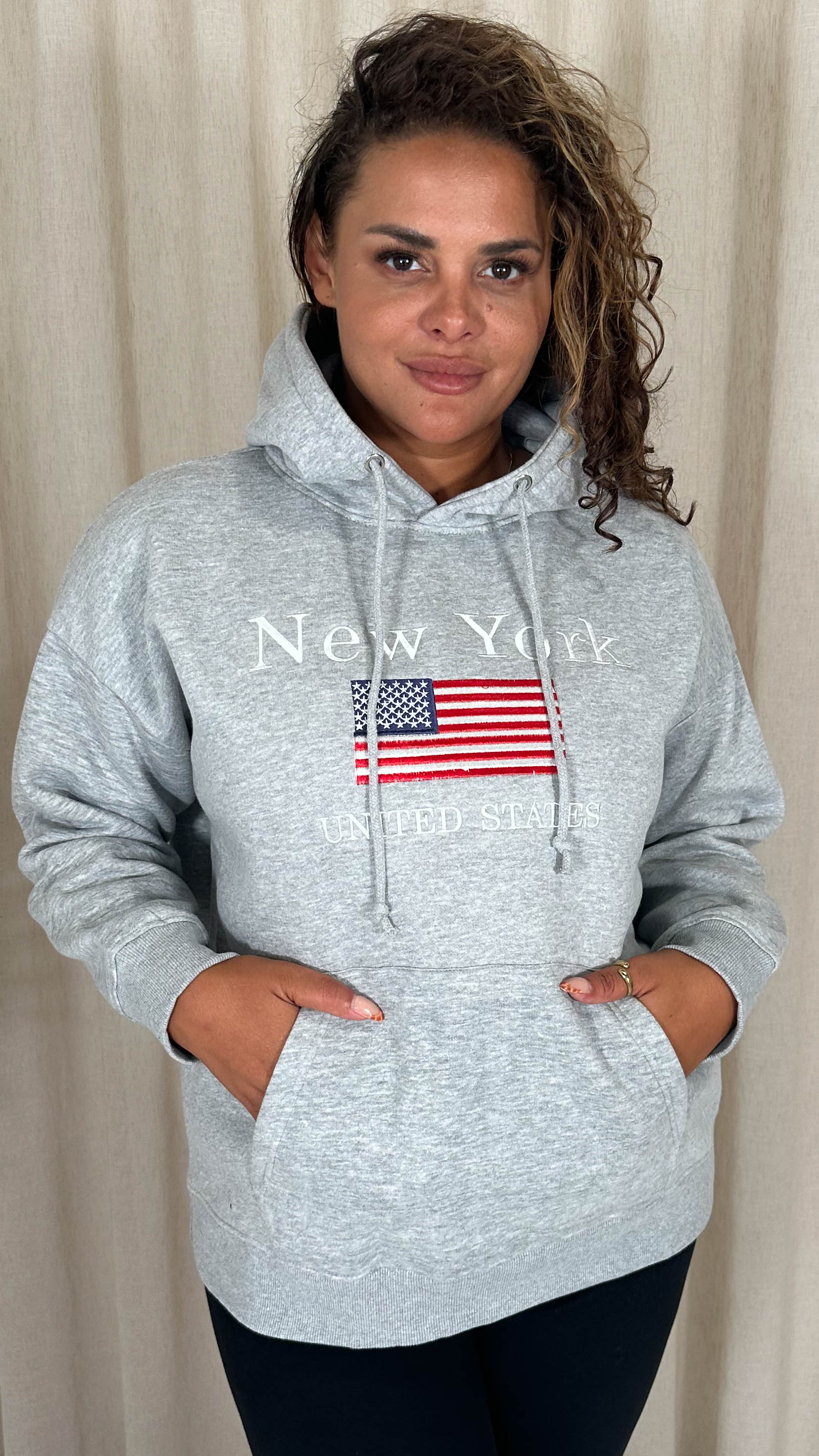 CurveWow Embroidered Flag Slogan Hoodie Grey - Image 2