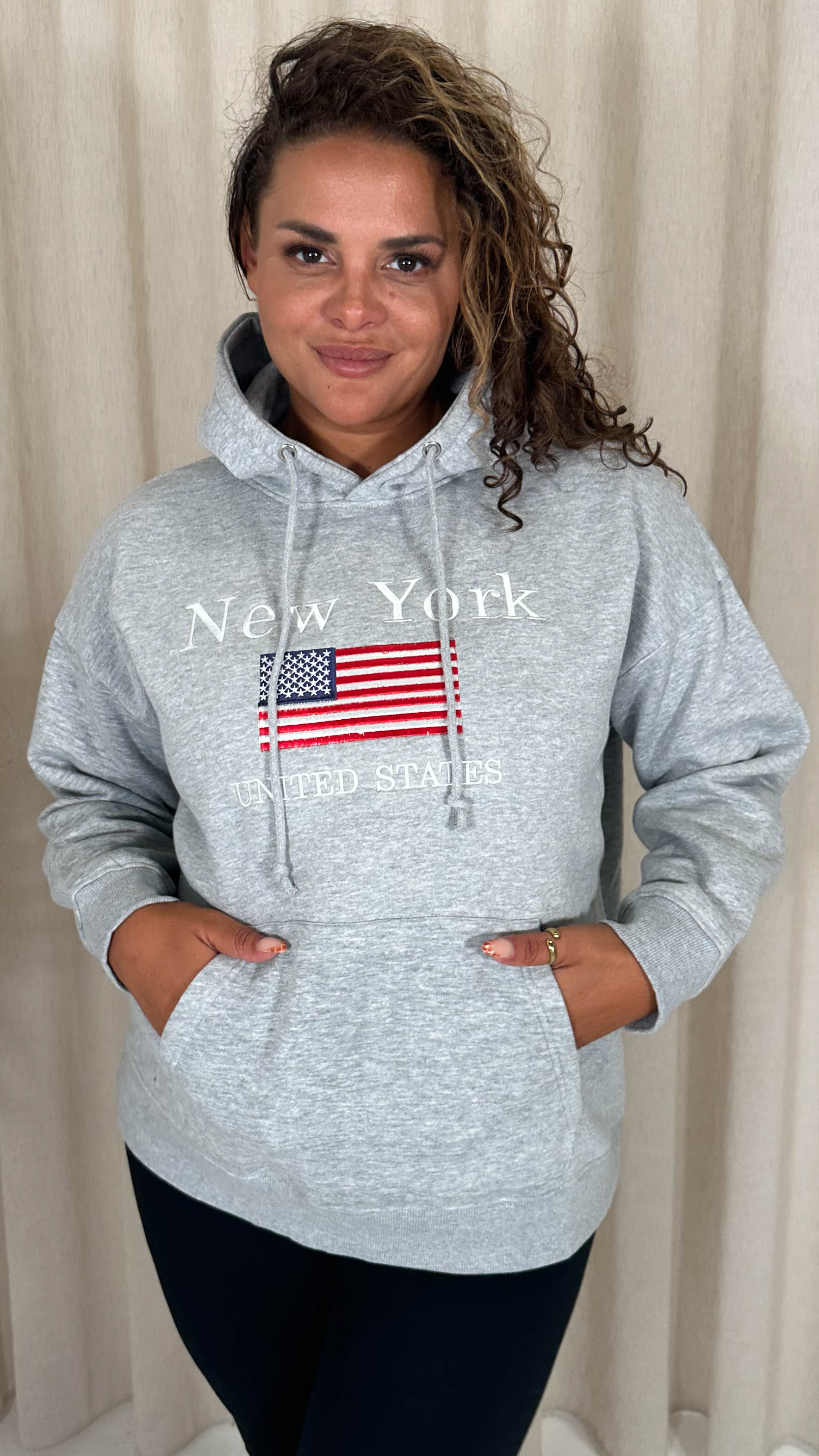 CurveWow Embroidered Flag Slogan Hoodie Grey - Image 4