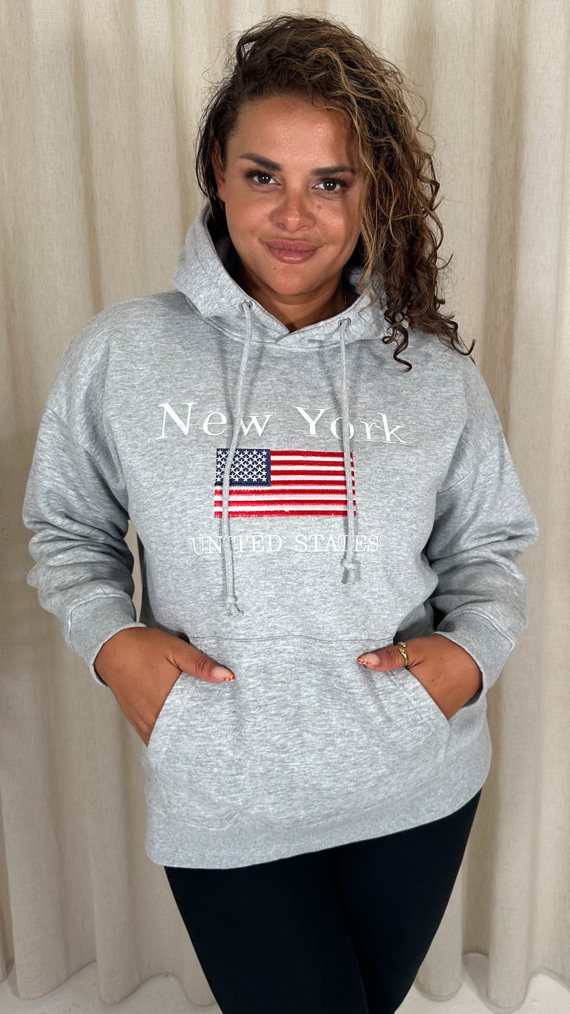 CurveWow Embroidered Flag Slogan Hoodie Grey - Image 5