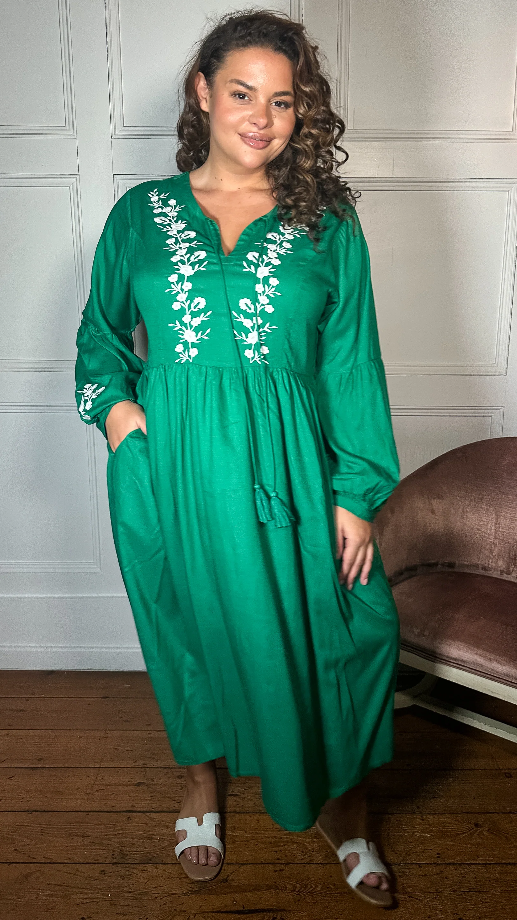 Curvewow Embroidered Tassel Tie Midi Dress Green - Image 3
