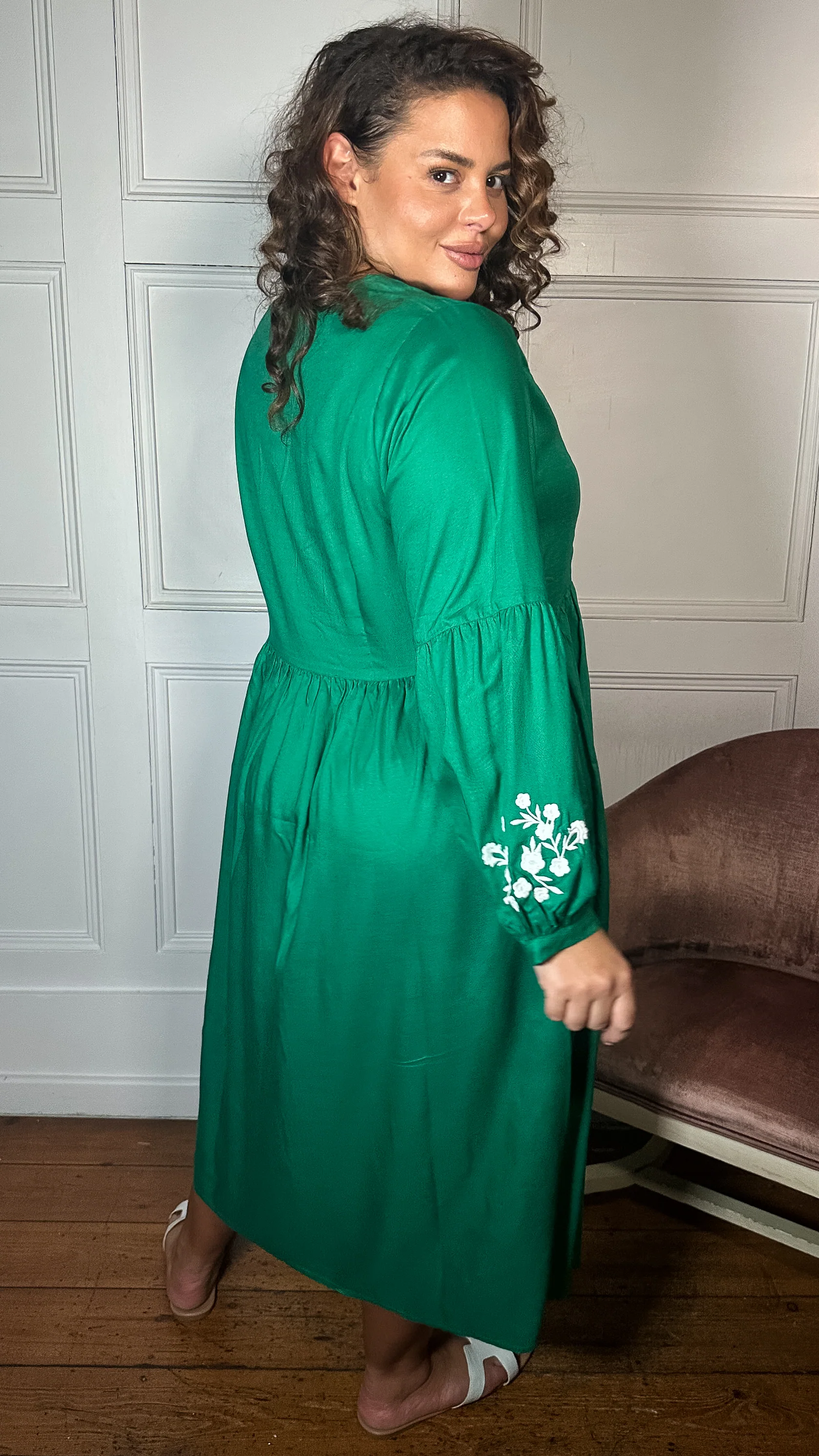 Curvewow Embroidered Tassel Tie Midi Dress Green - Image 6