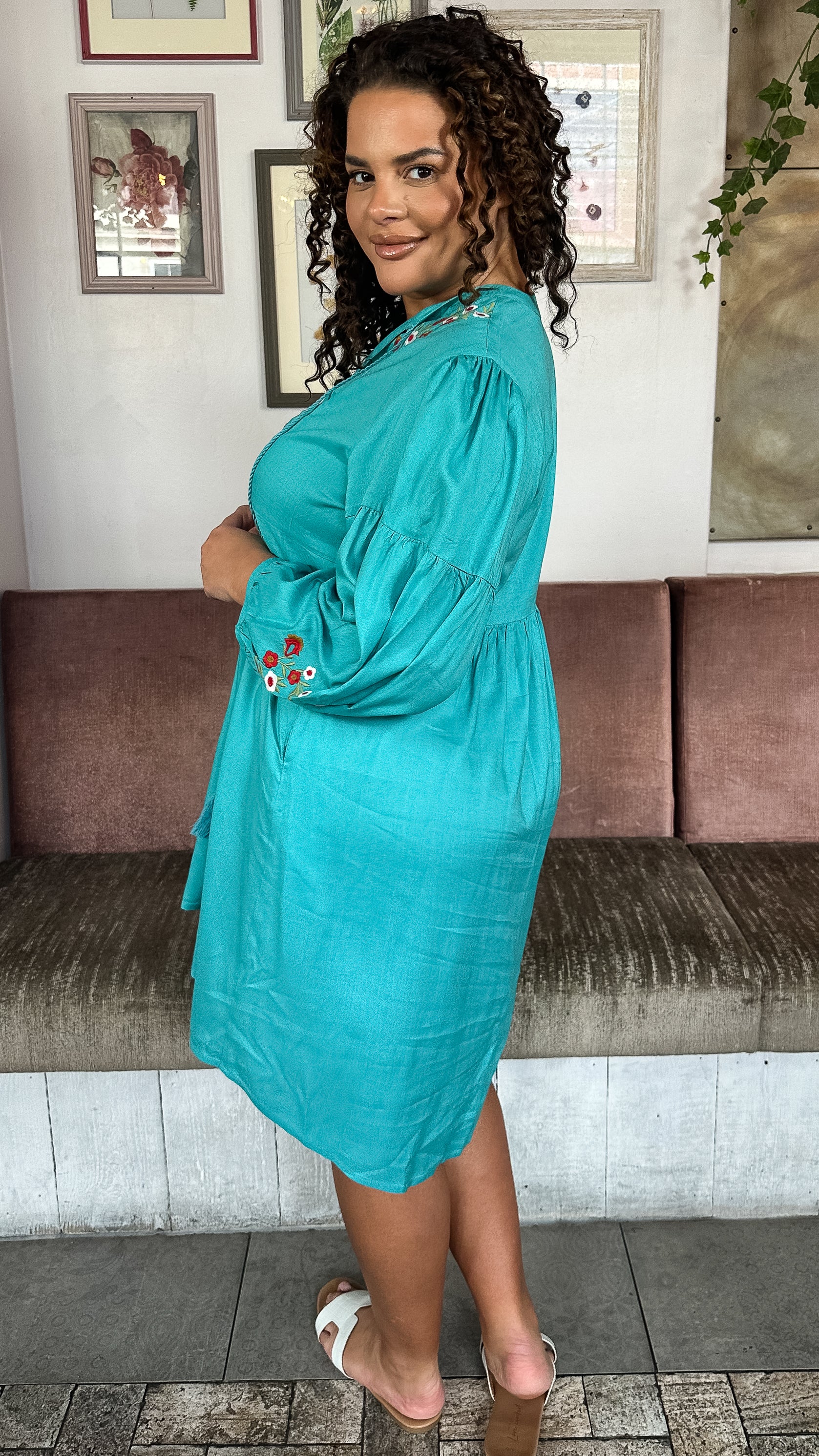 Curvewow Embroidered Tassel Tie Smock Dress Light Blue - Image 6