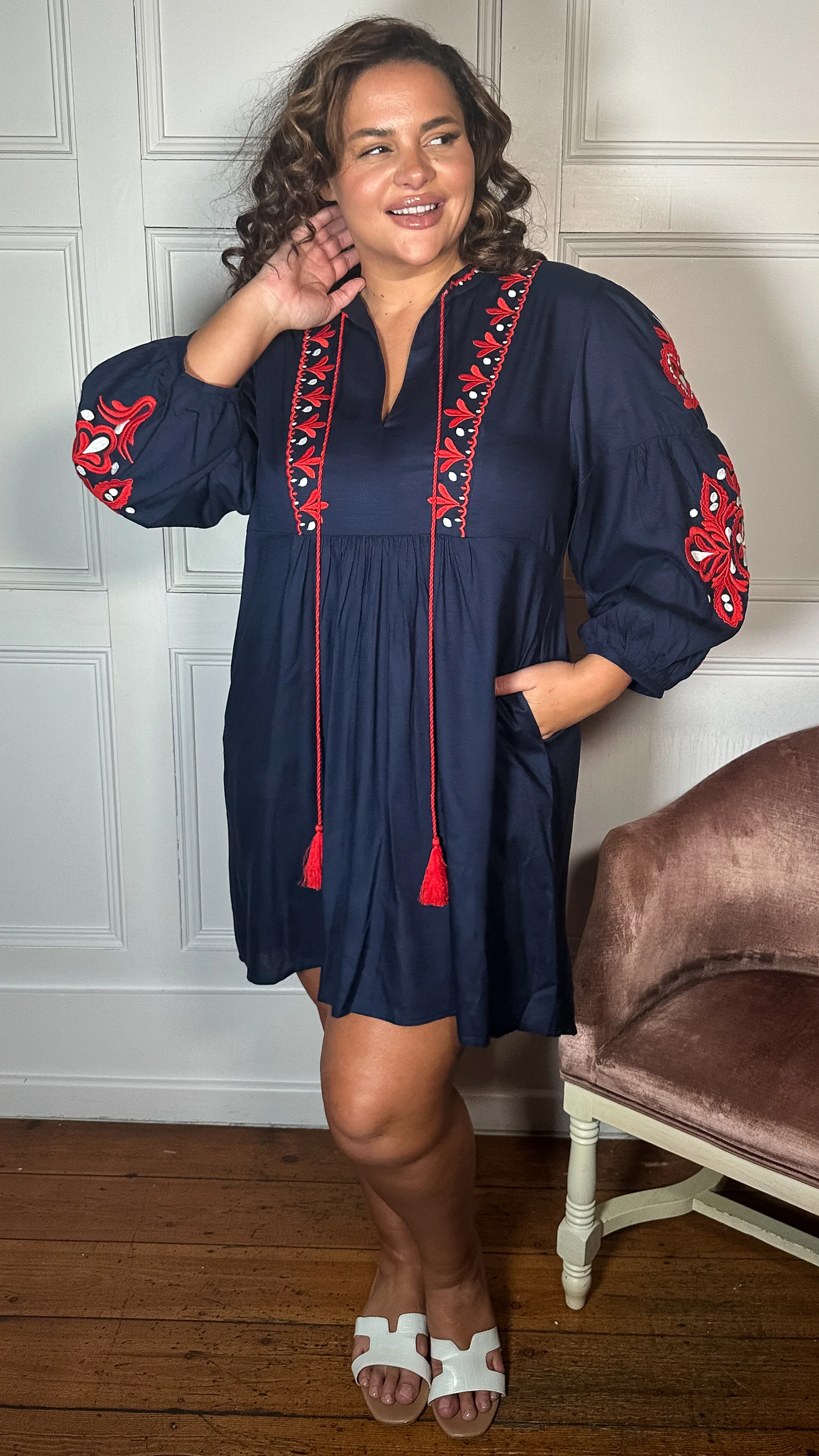 Curvewow Embroidered Tassel Tie Smock Dress Navy - Image 5