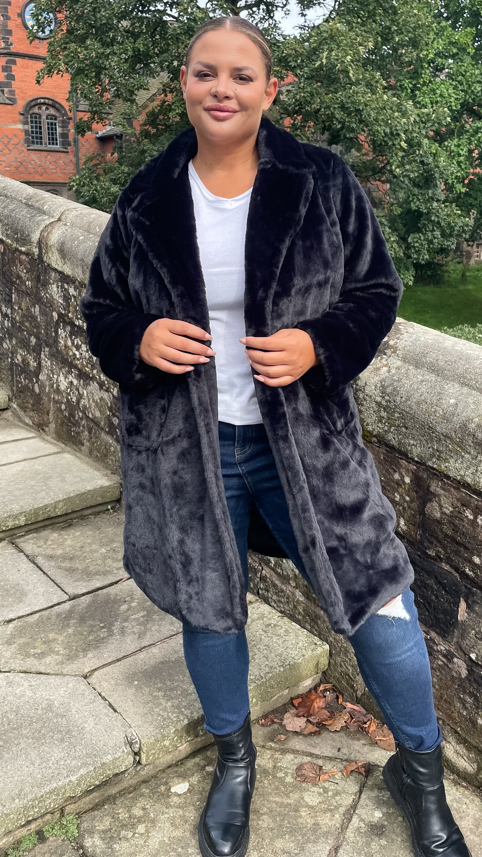 CurveWow Faux Fur Button Front Coat Black - Image 2