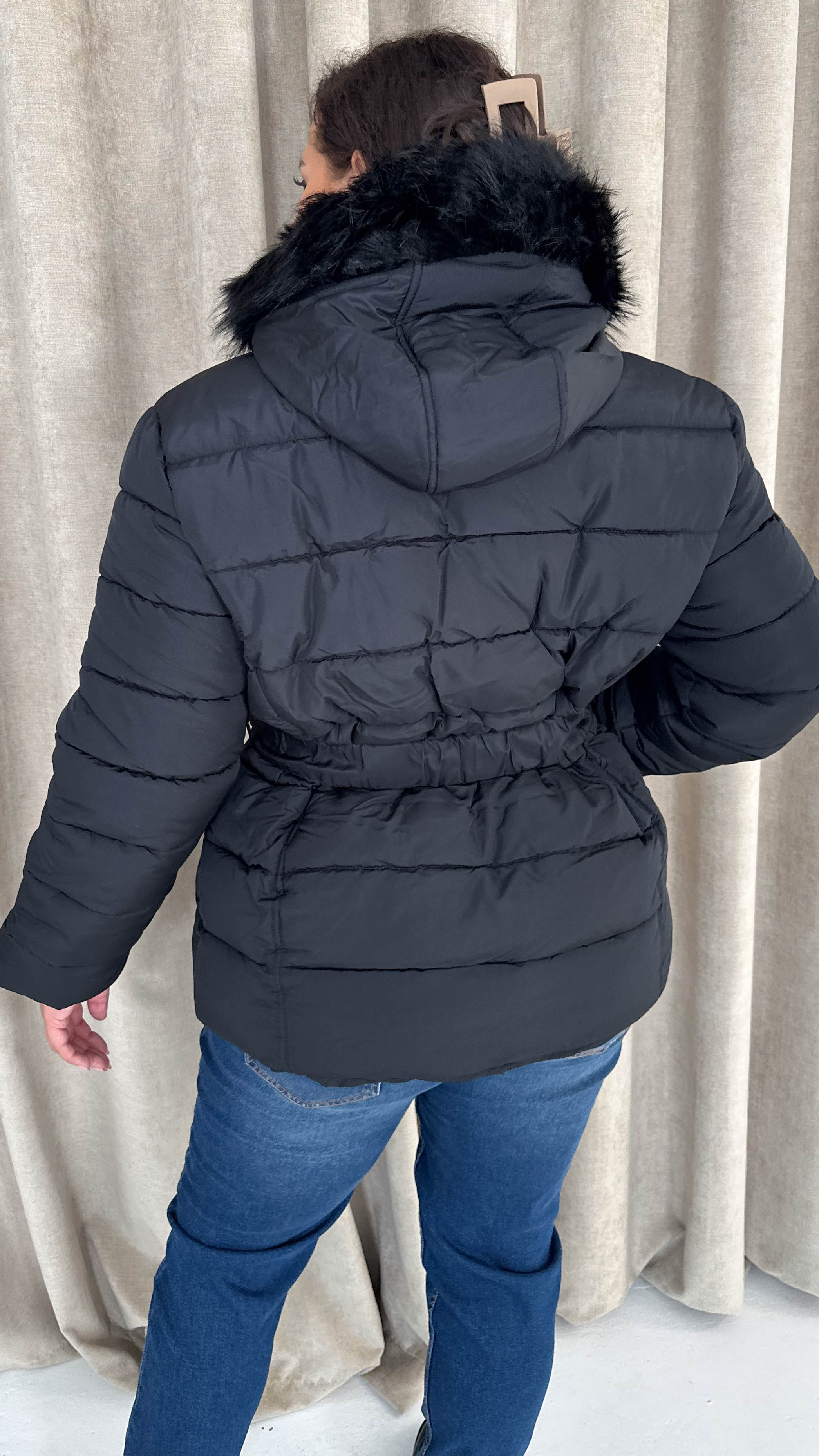 CurveWow Faux Fur Hooded Puffa Coat Black - Image 6